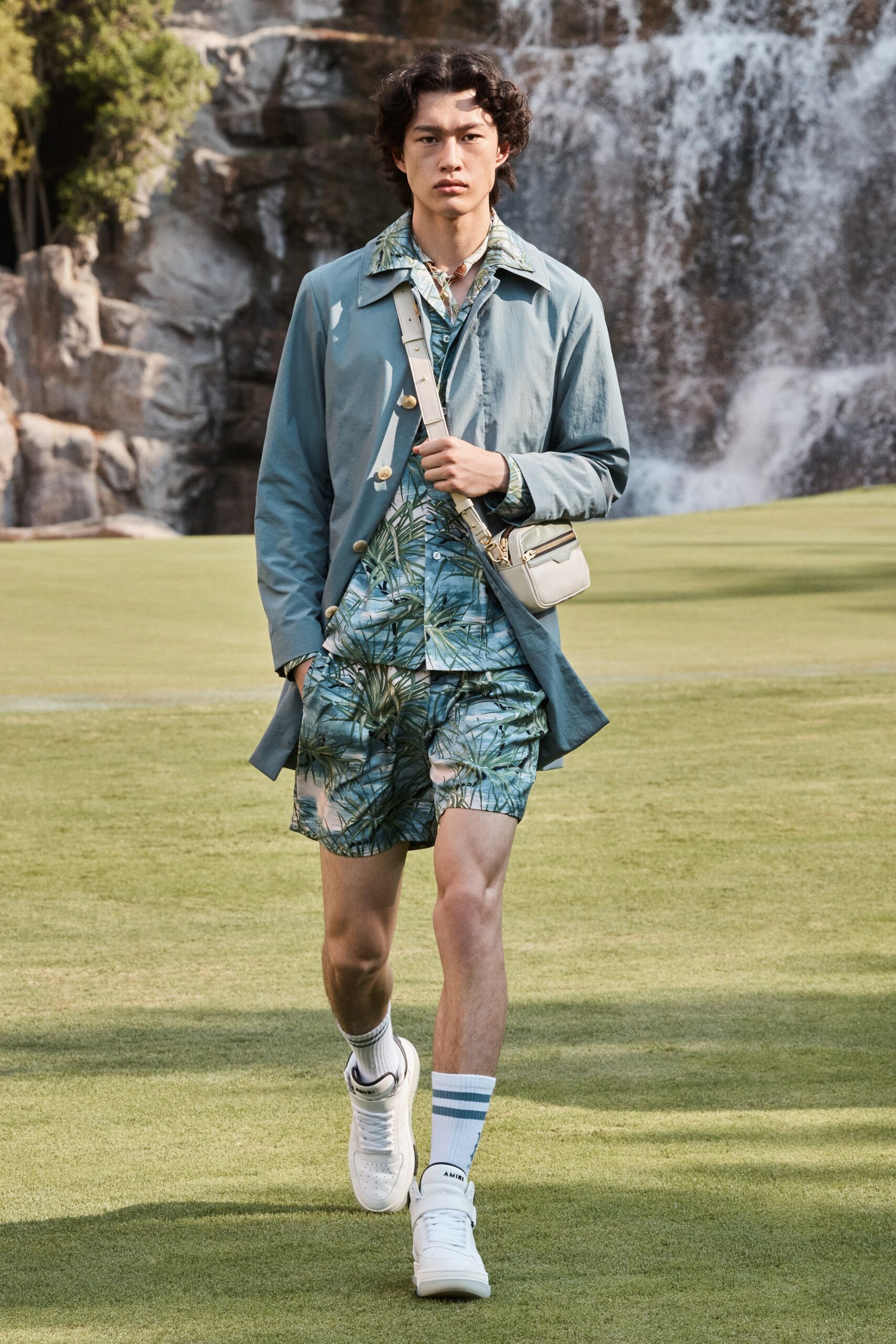 blue relaxed jacket with printed shorts