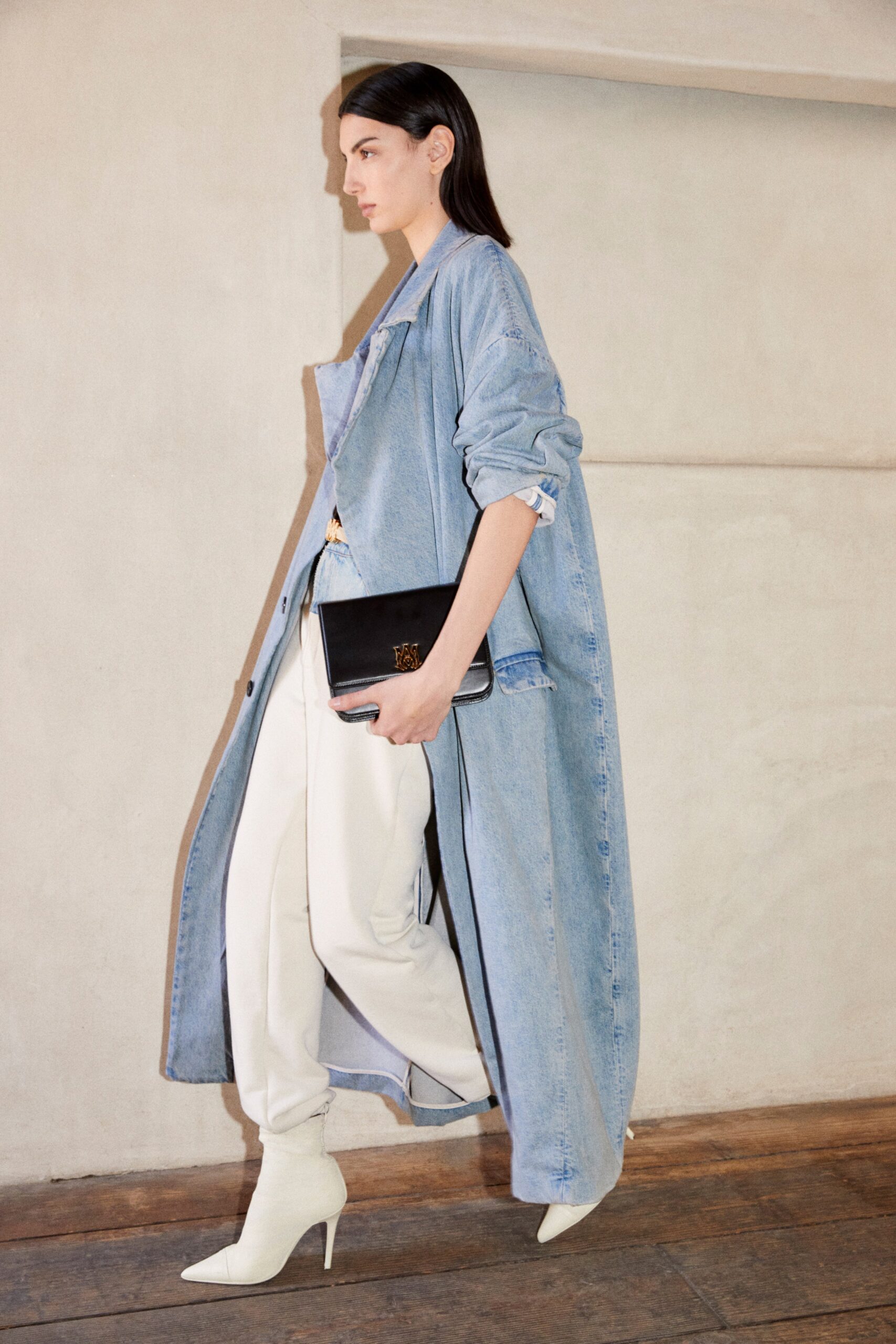 blue denim long-sleeve collared relaxed buttoned maxi coat