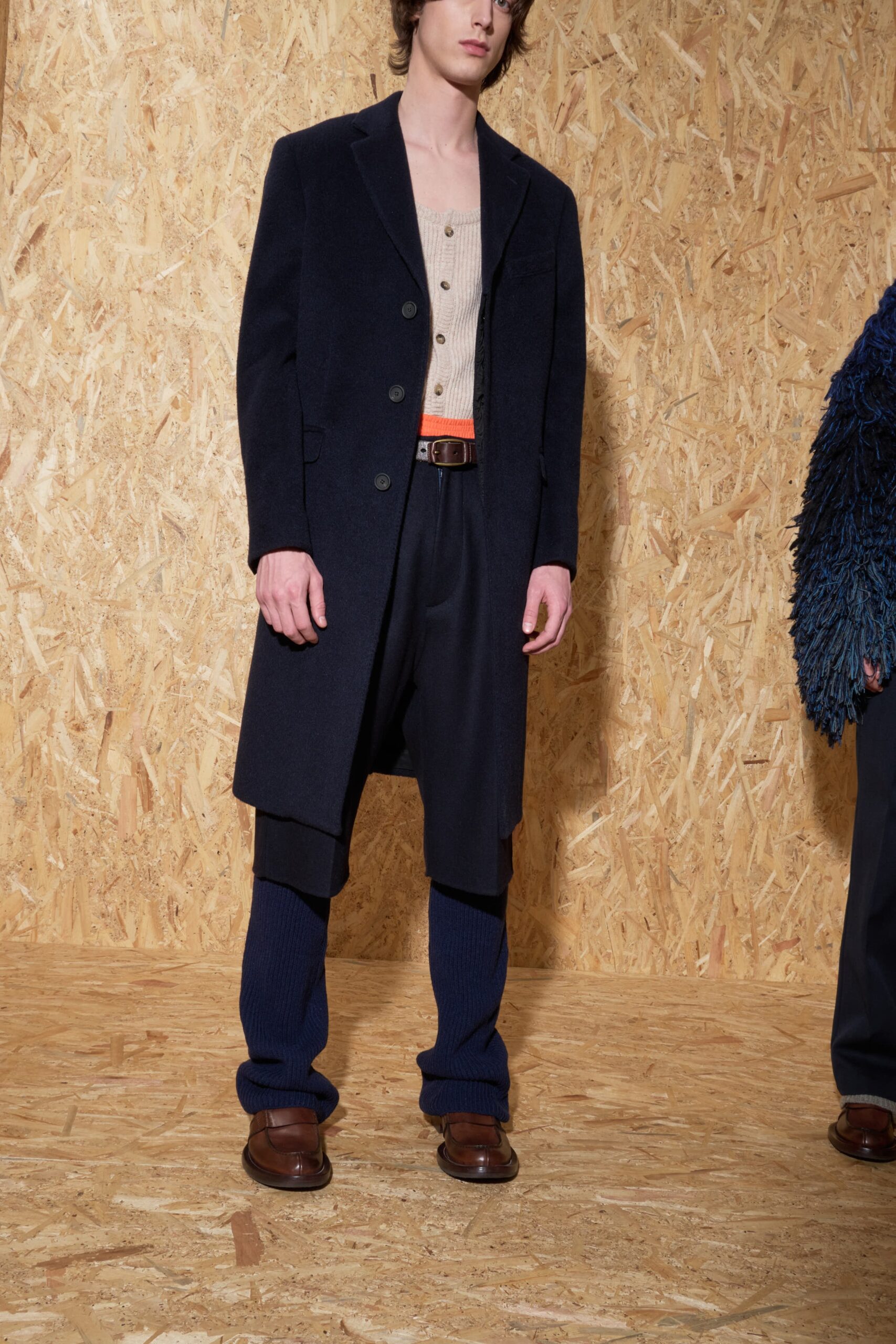 blue wool long-sleeve collared tailored buttoned coat