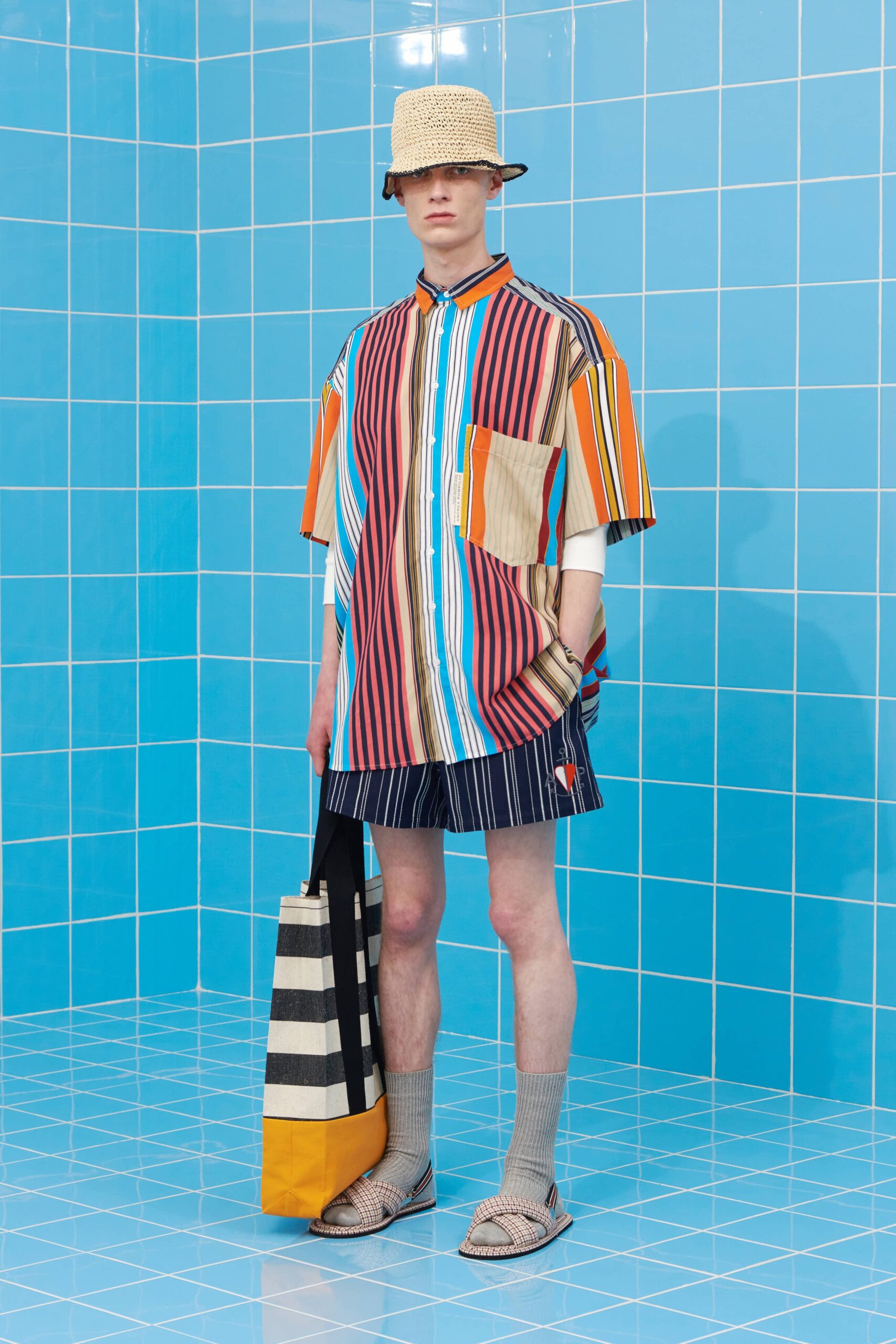 multi short-sleeve collared relaxed striped buttoned short shirt