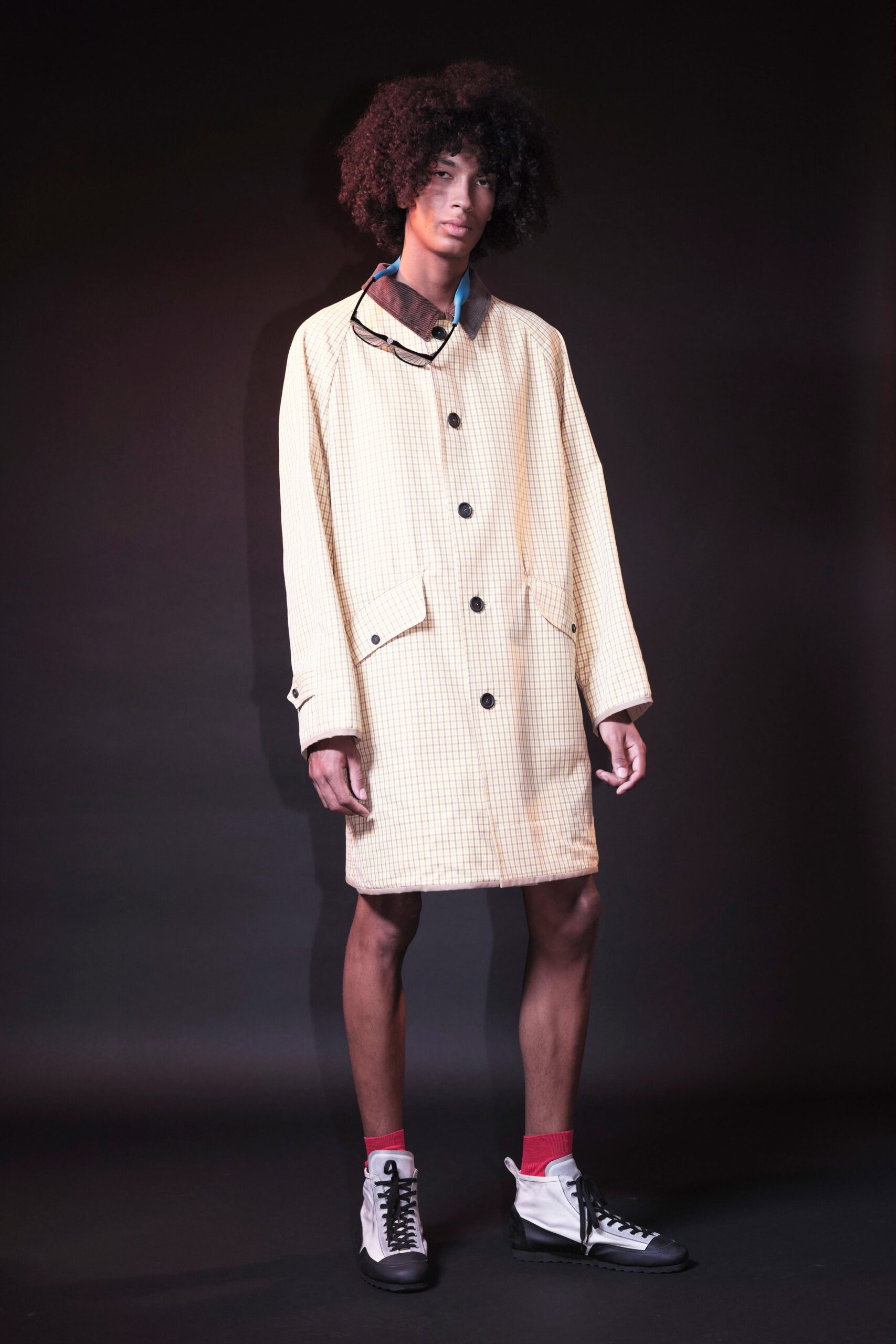 yellow cotton long-sleeve collared oversized checked buttoned coat