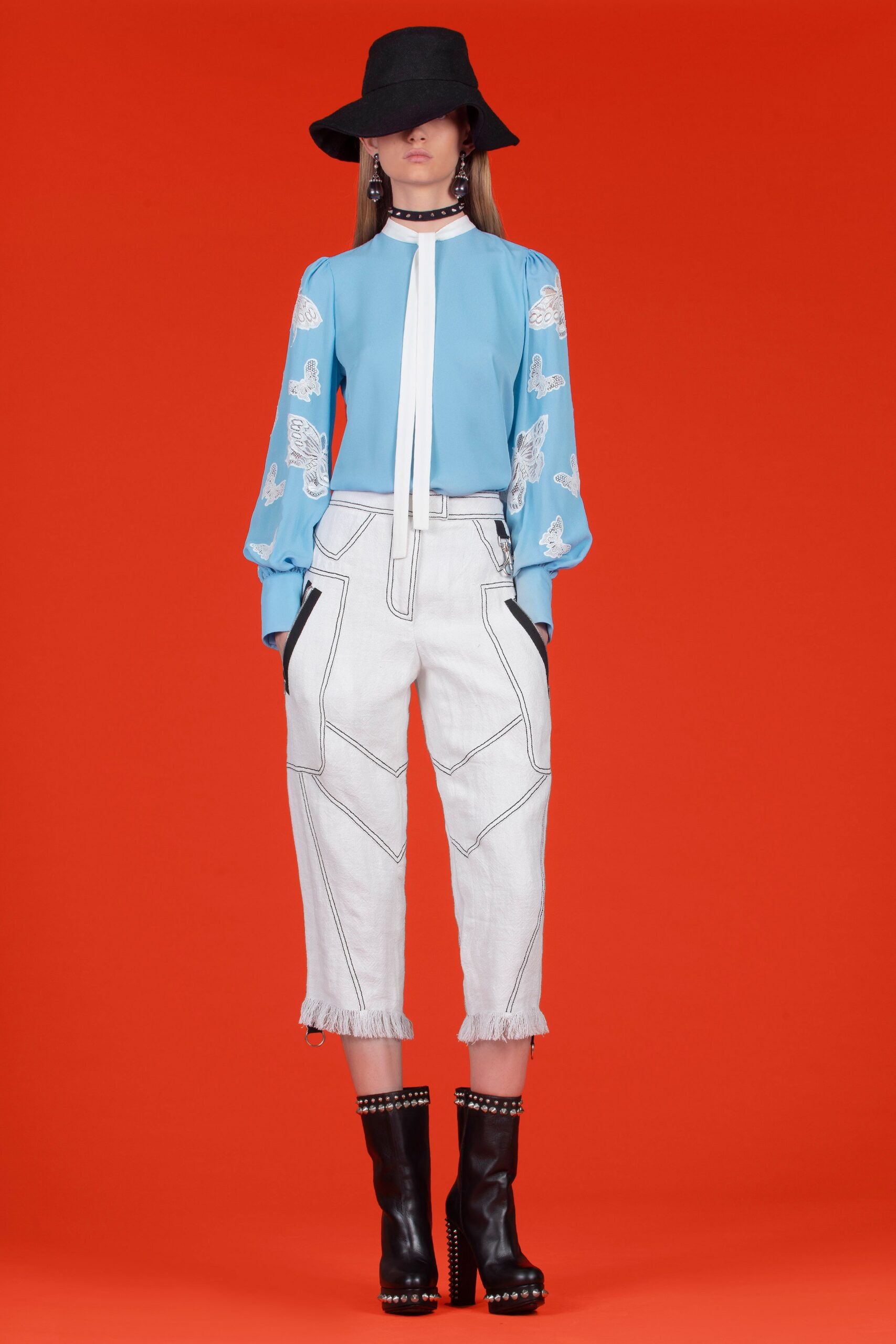 blue silk long-sleeve collared fitted embroidered blouse