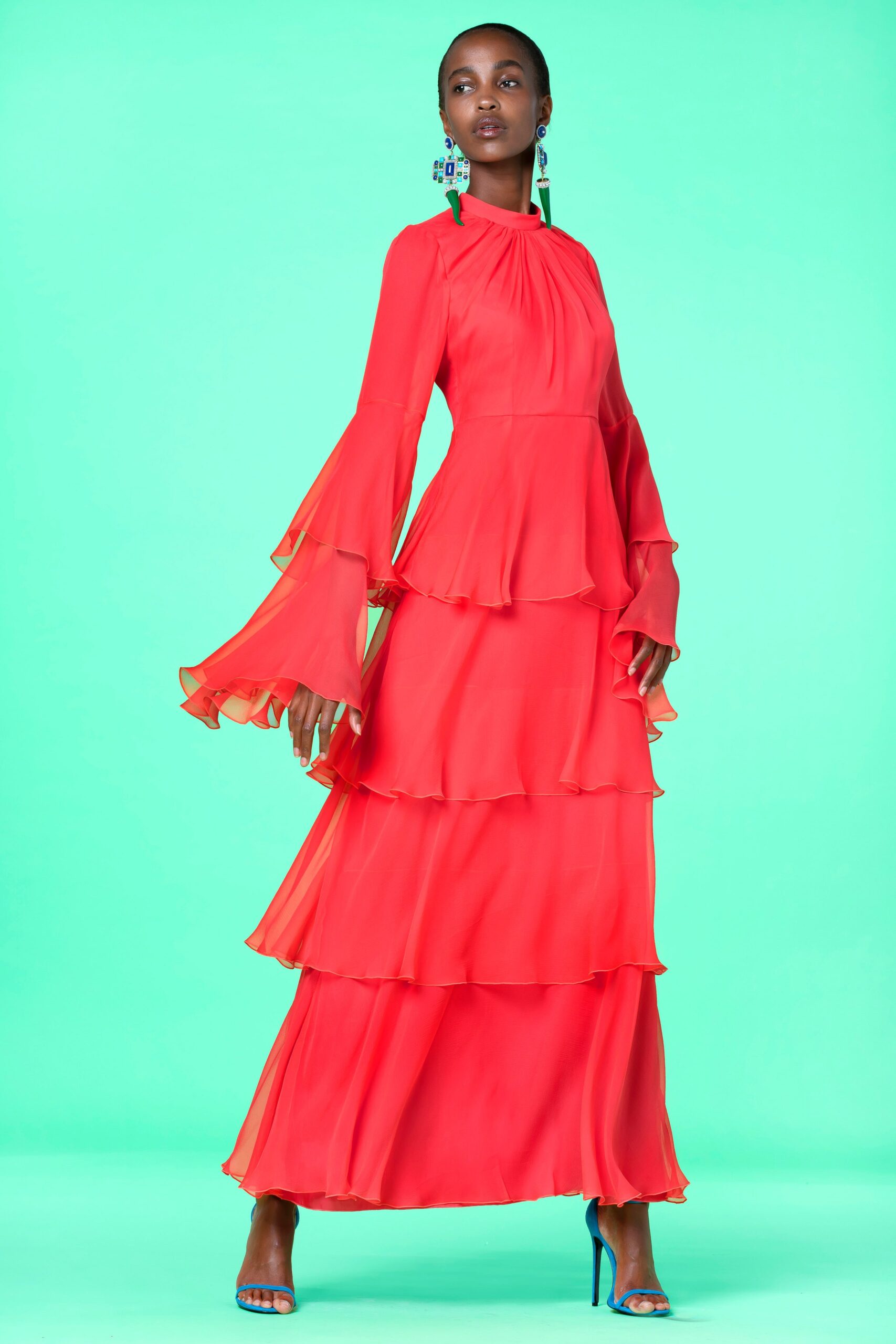 red chiffon long-sleeve dress