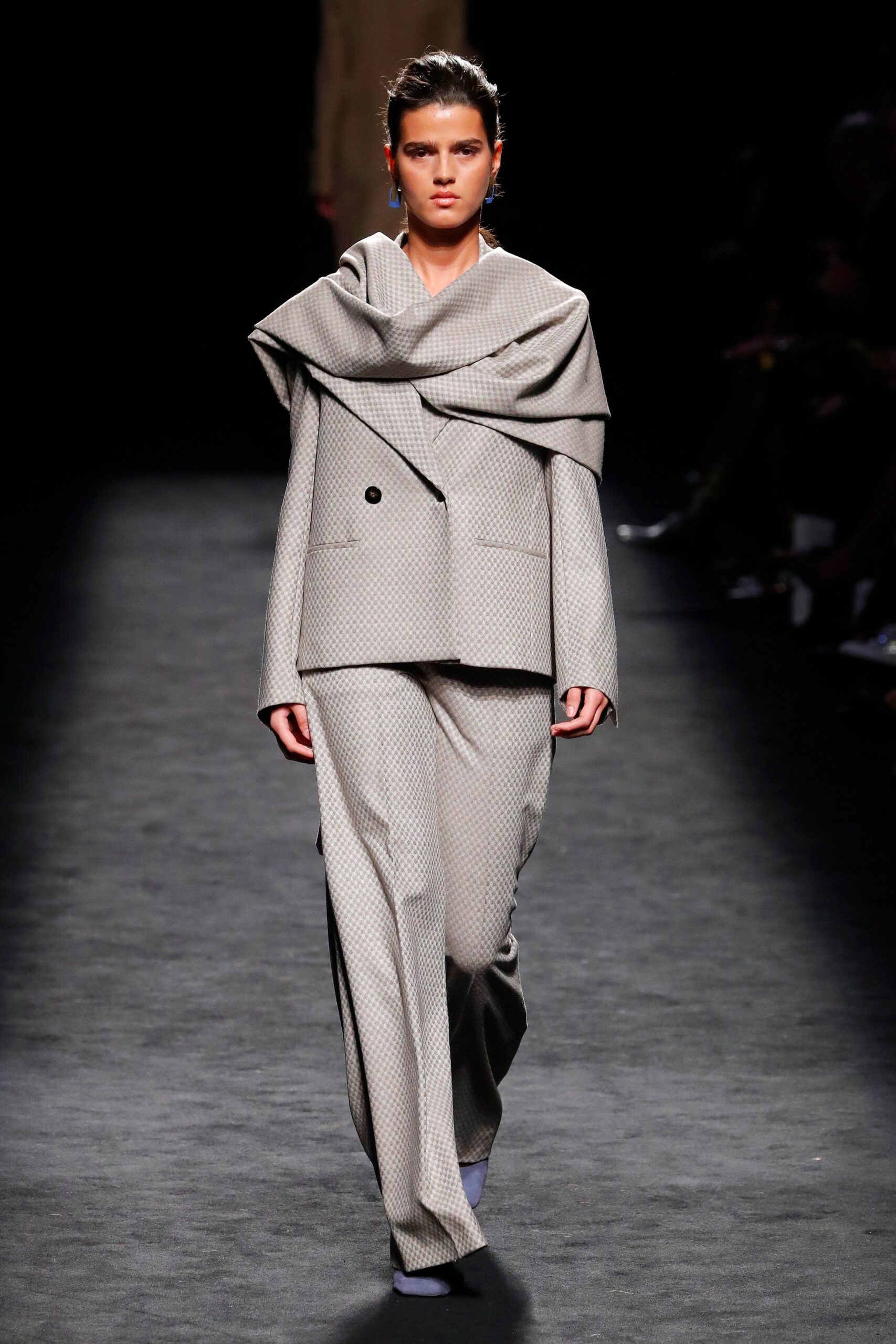 gray tailored suit with checked pattern
