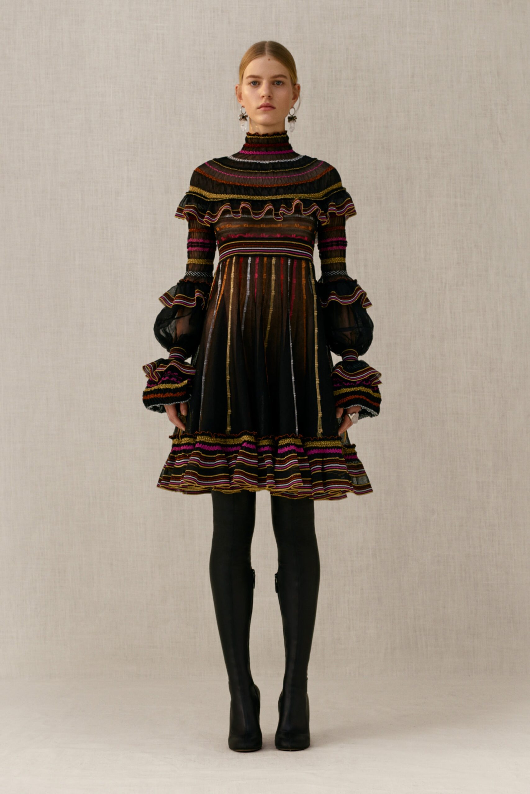 black multi-colored ruffled dress