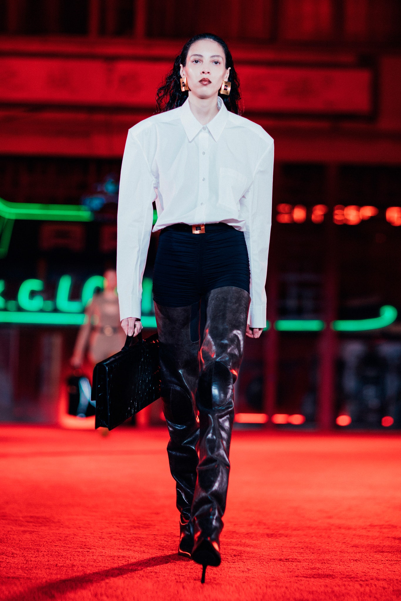 black leather fitted straight-leg shiny pants