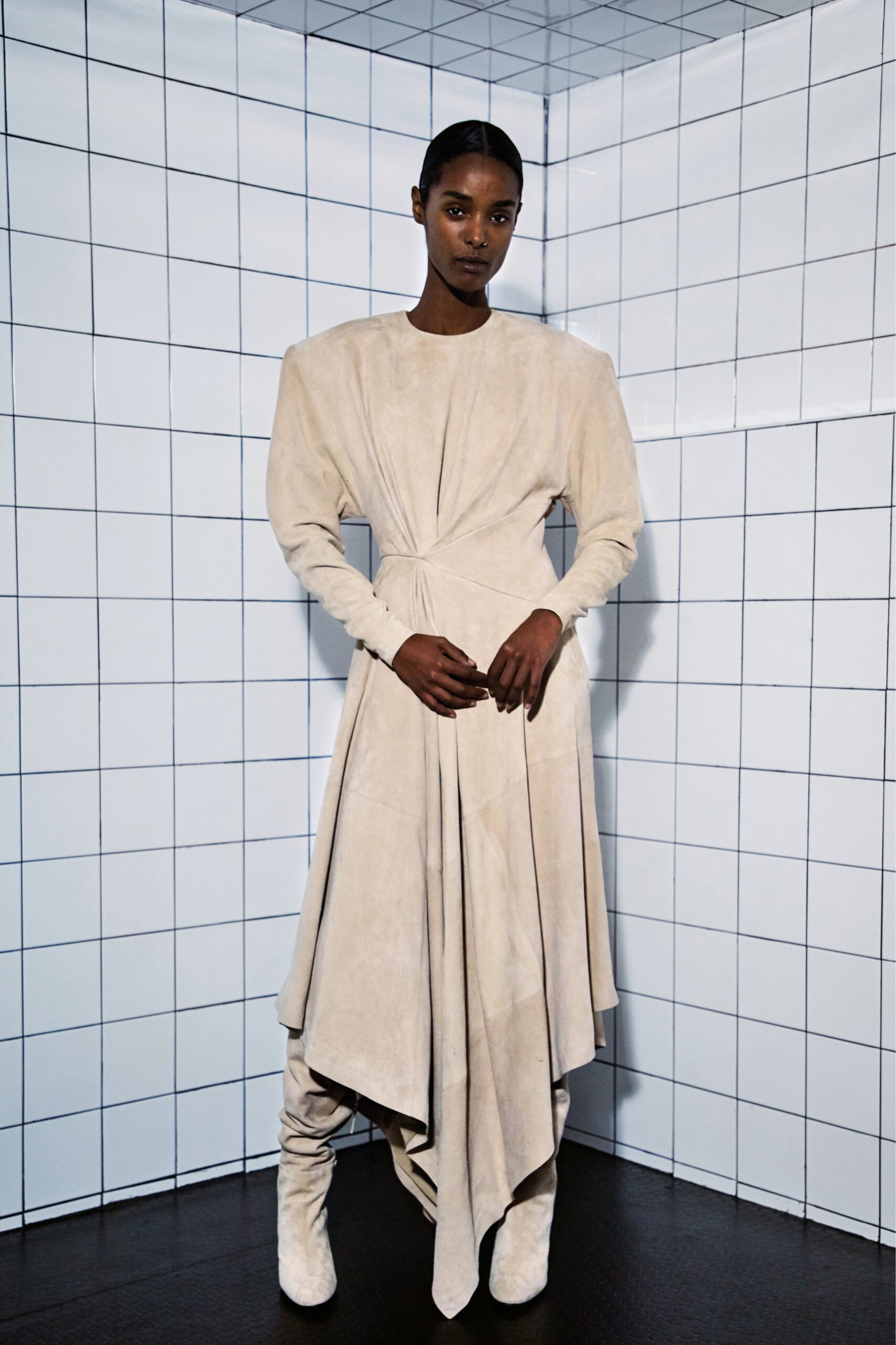 beige suede long-sleeve dress