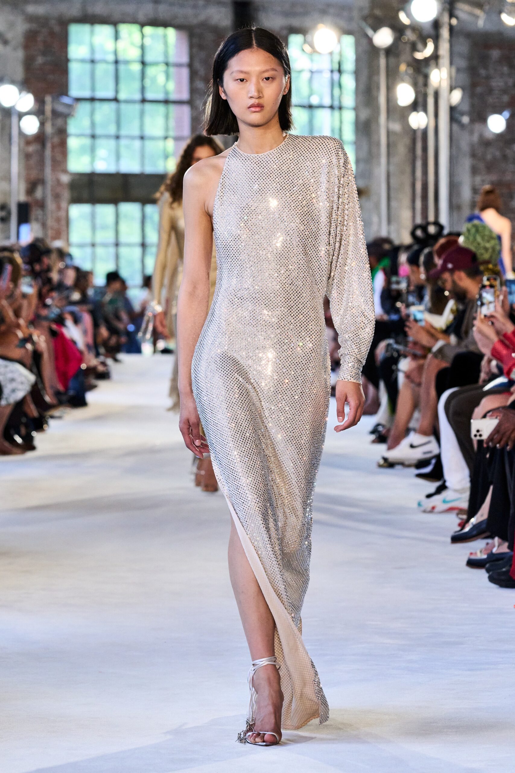 fitted silver sequined gown
