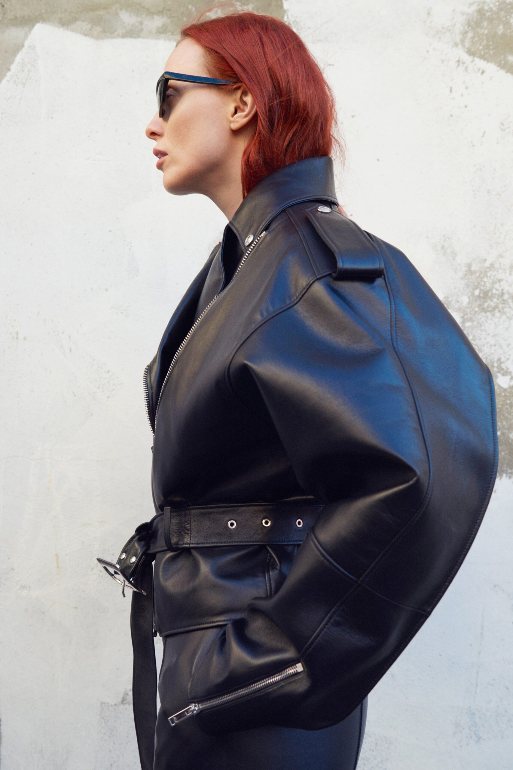 black leather fitted jacket and pants