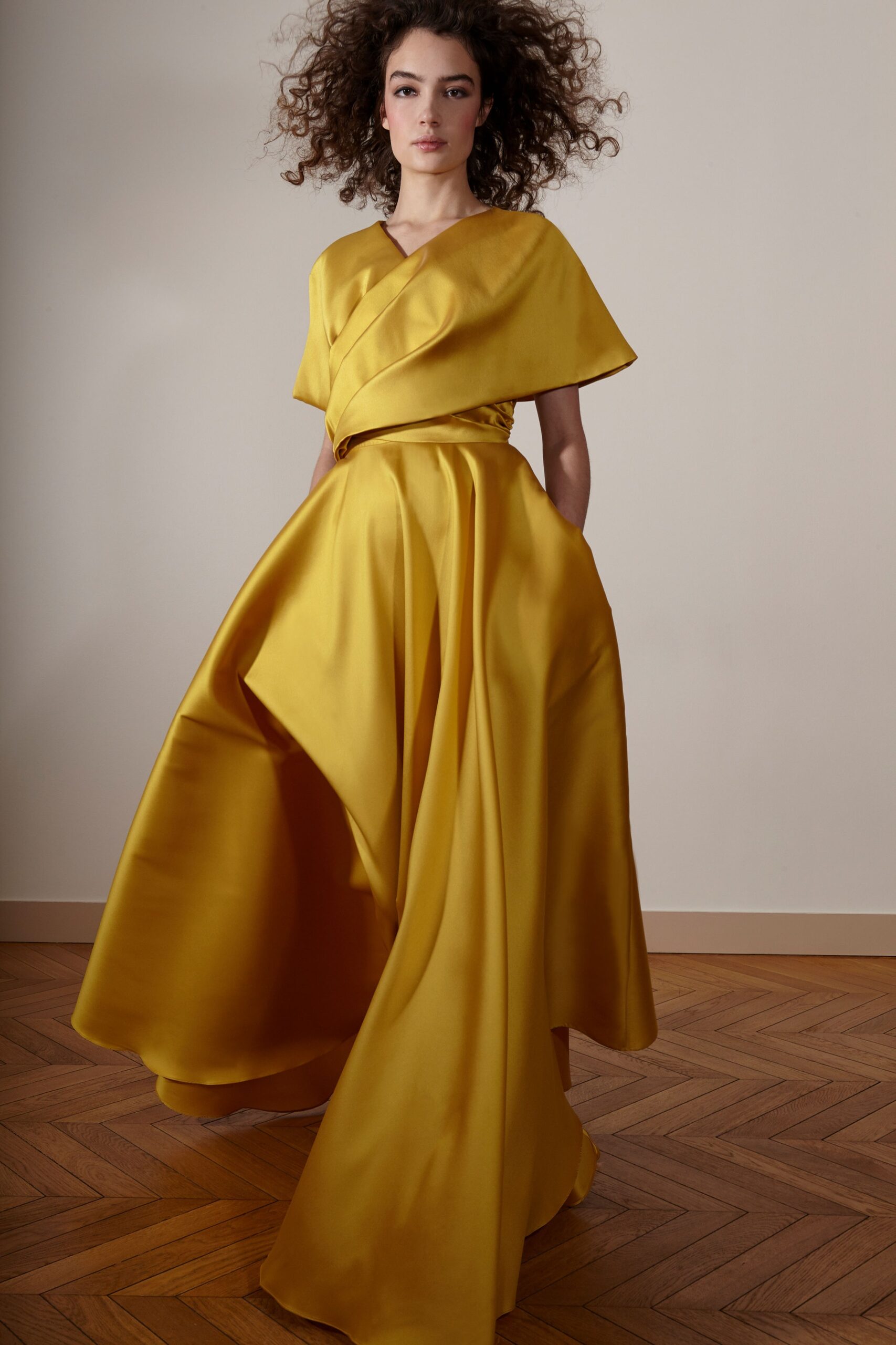 yellow silk draped maxi dress