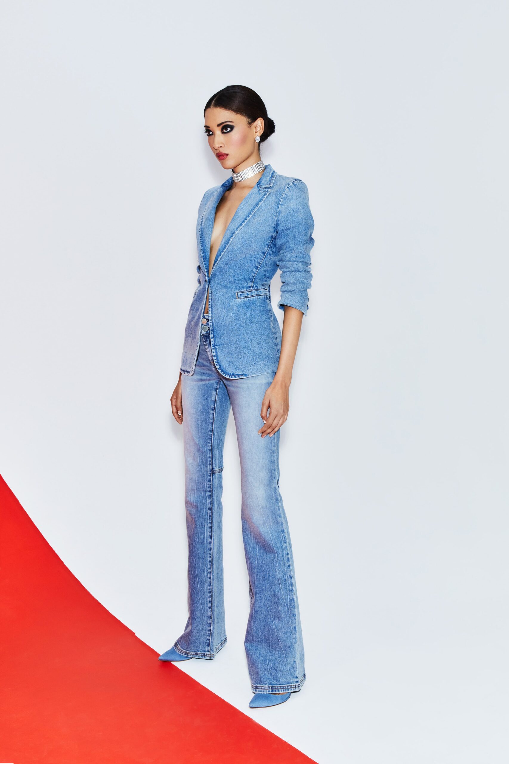 fitted denim blazer and flared pants