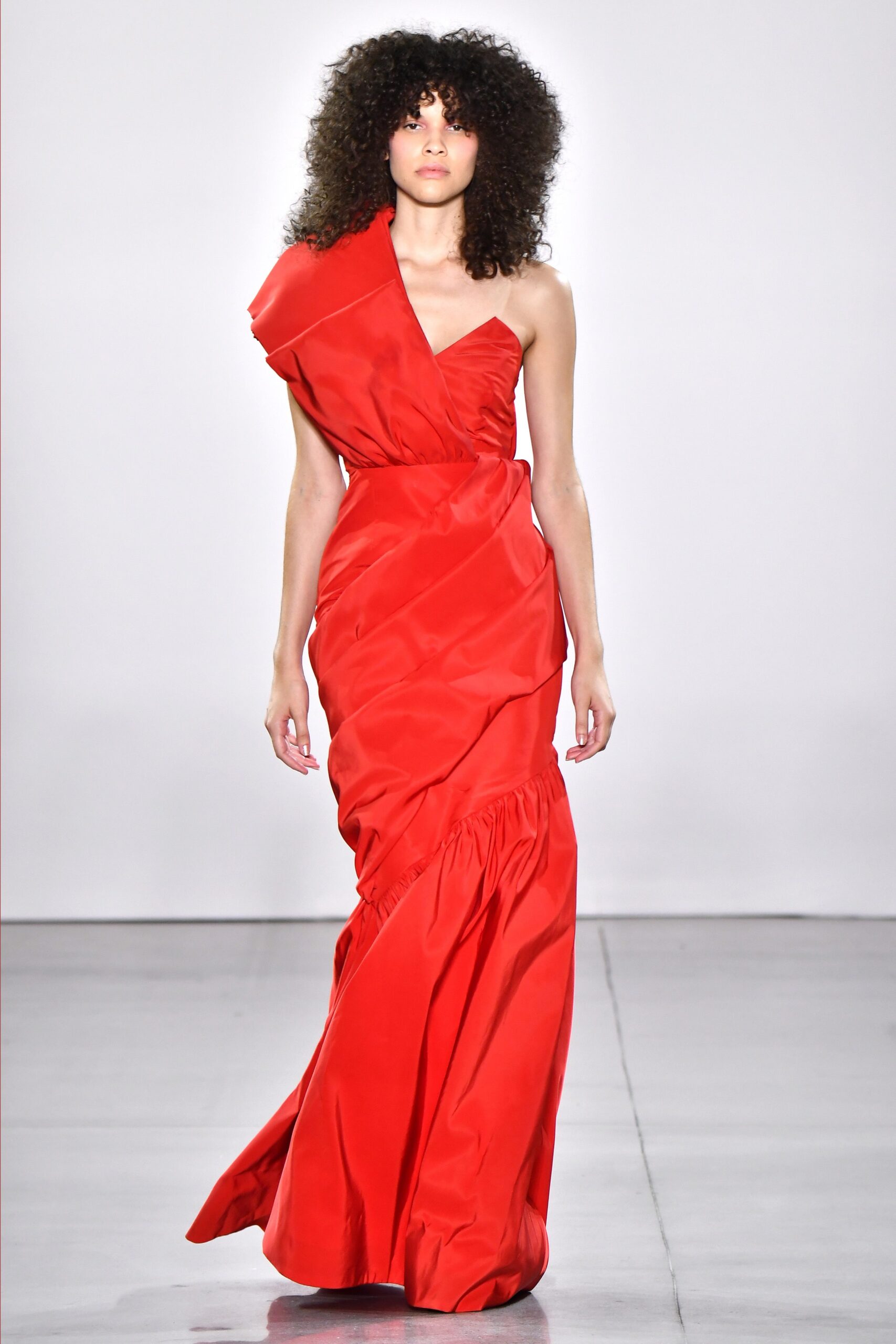 red silk asymmetric gown