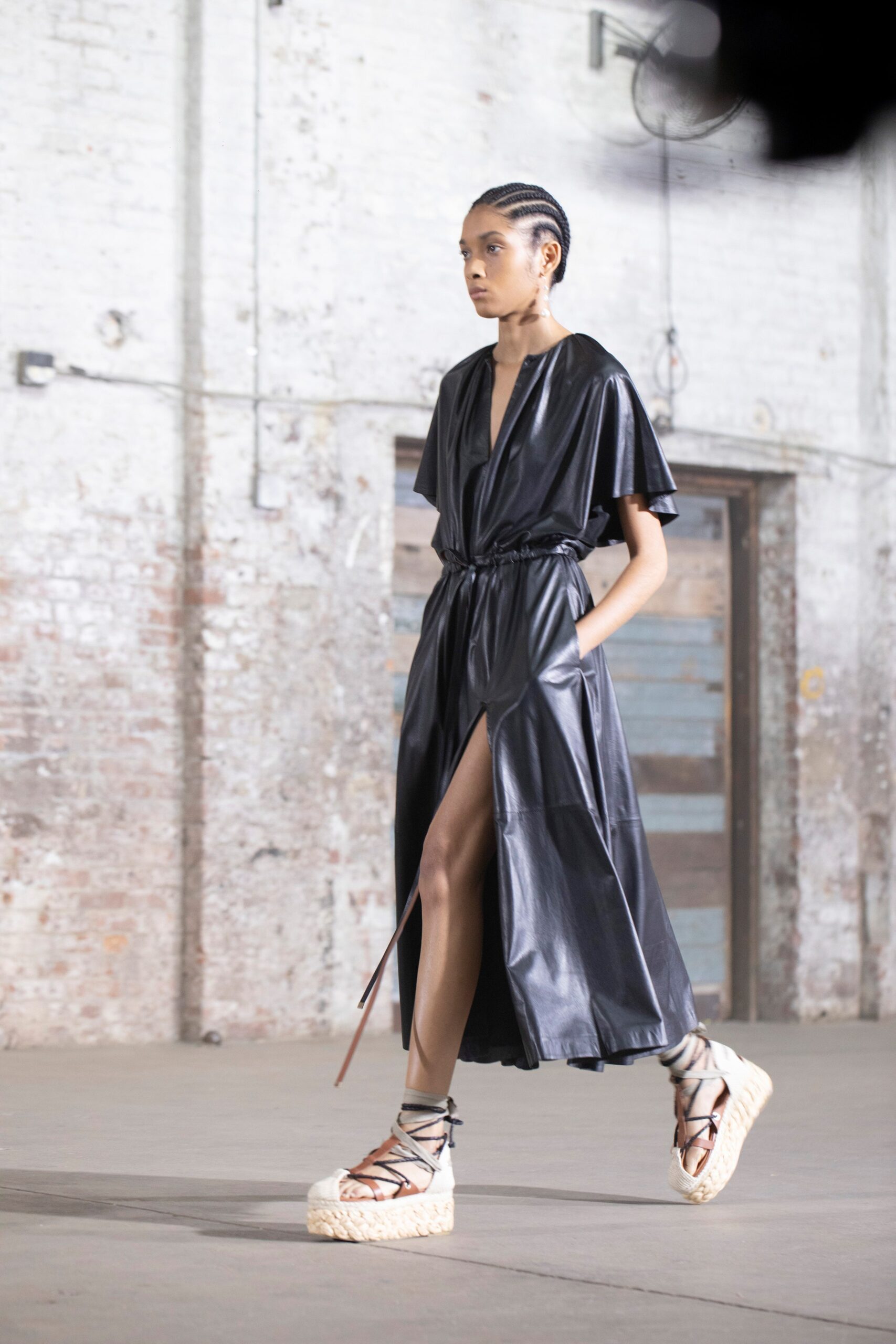 black leather belted midi dress