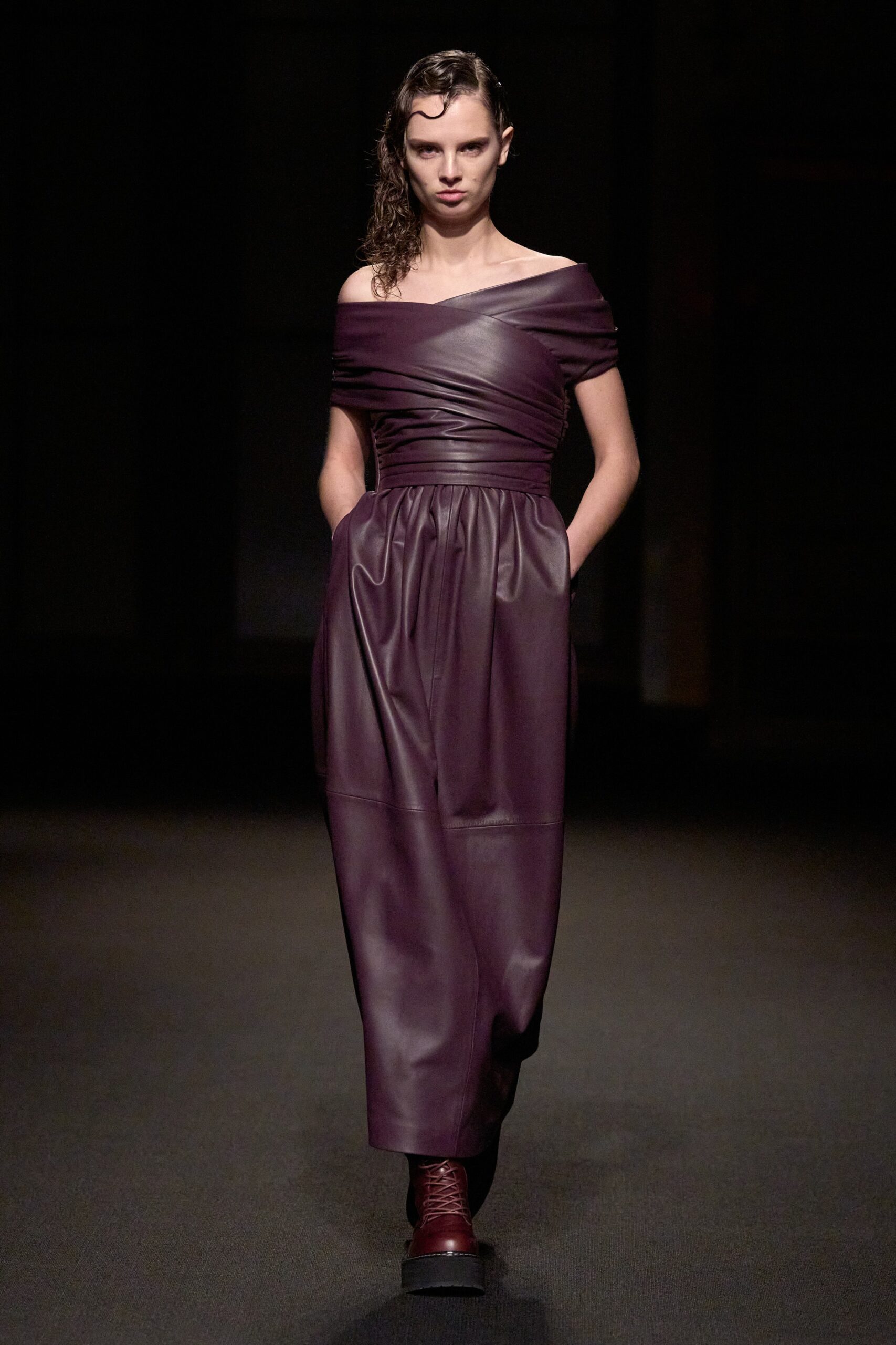 purple leather off-shoulder dress