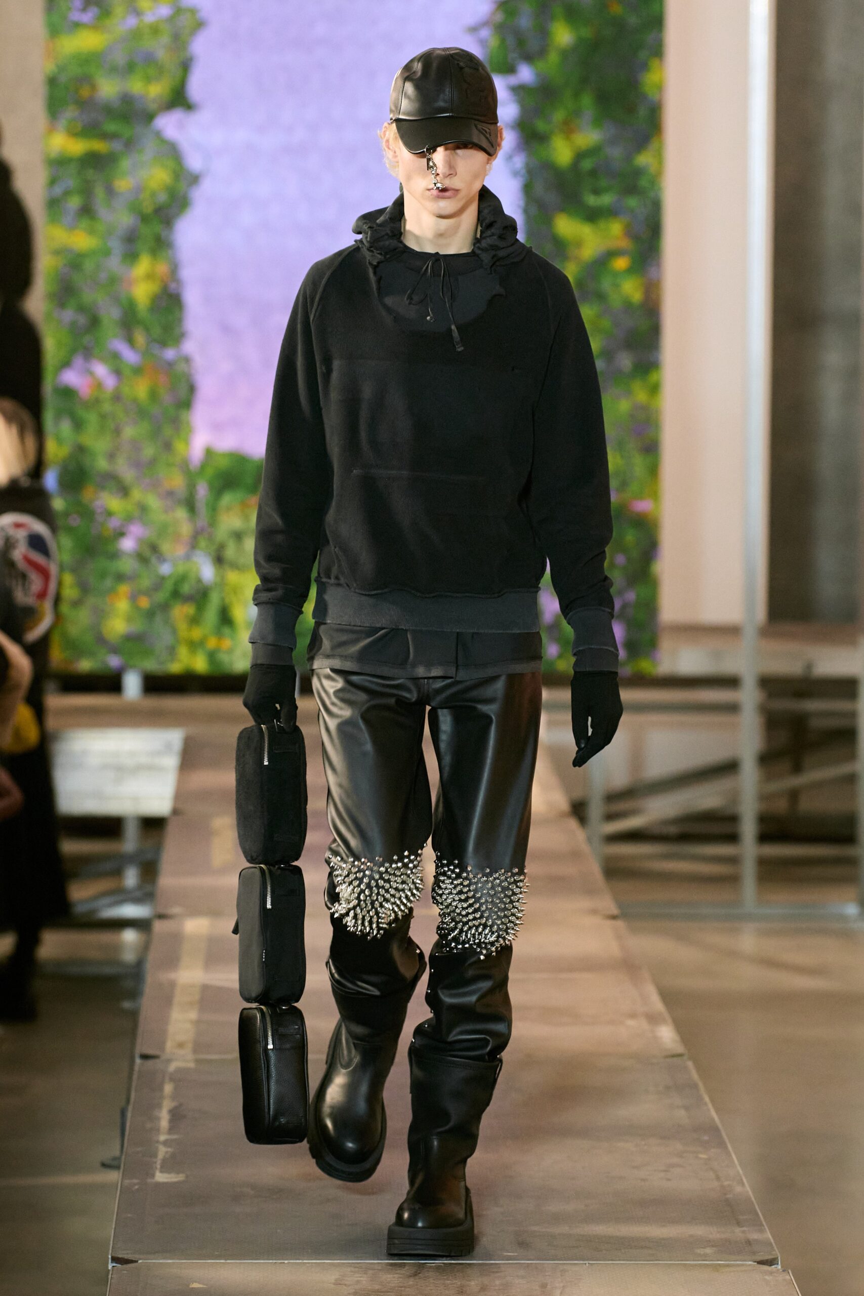 black fitted hoodie and leather pants
