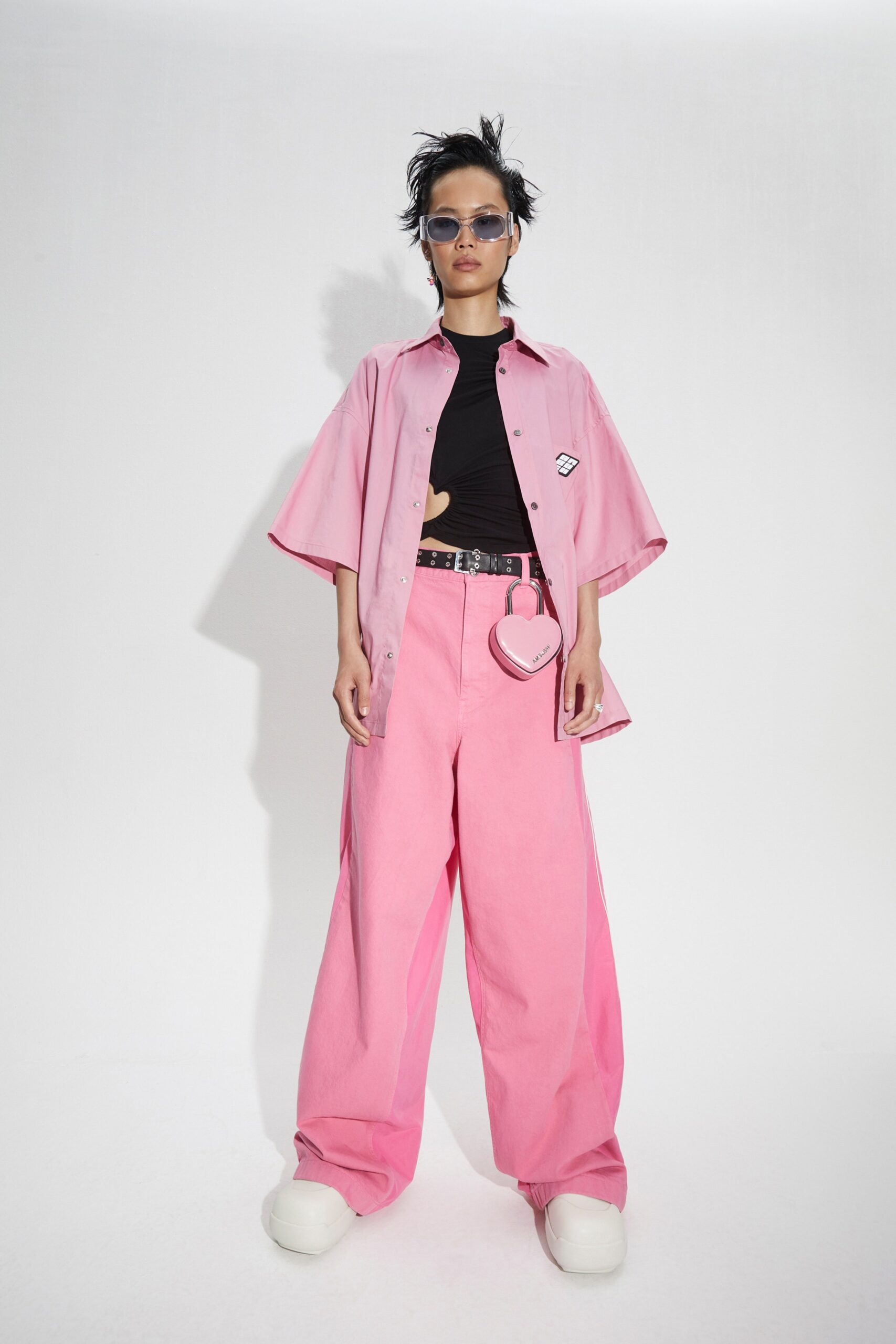 pink cotton short-sleeve collared relaxed buttoned shirt