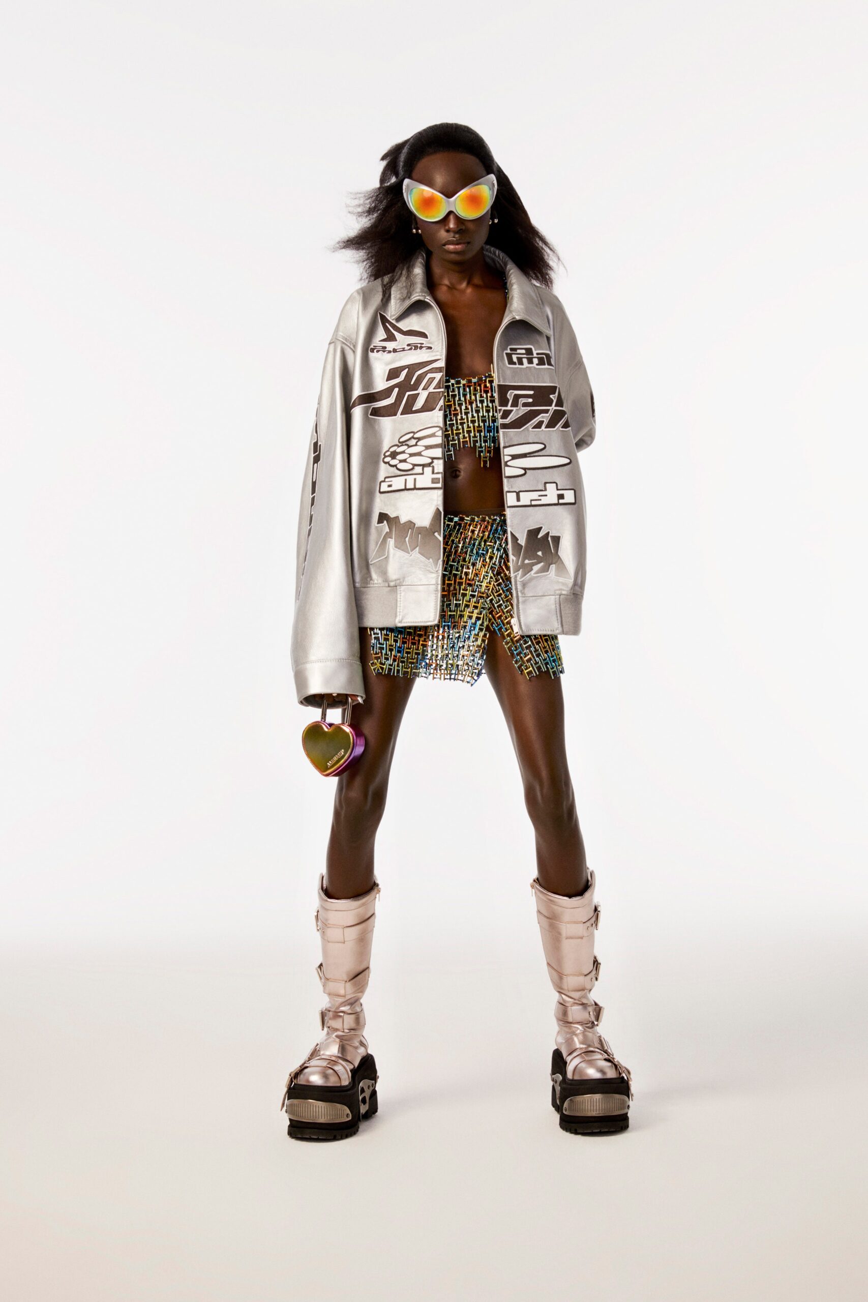 silver vinyl jacket with multi outfit