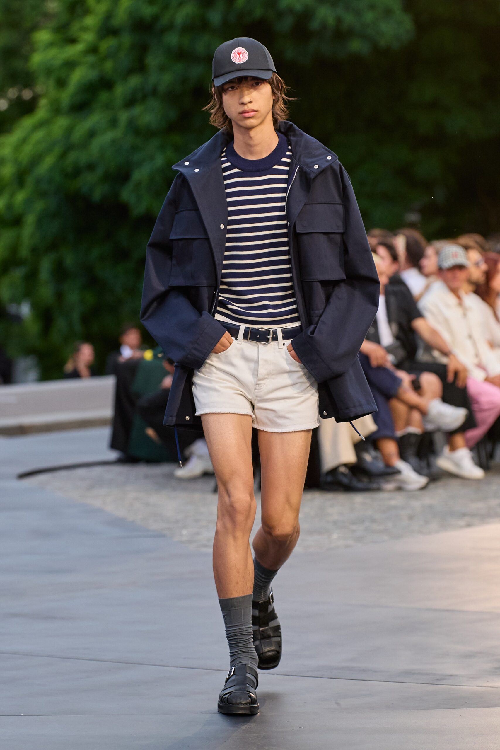 navy jacket with striped t-shirt