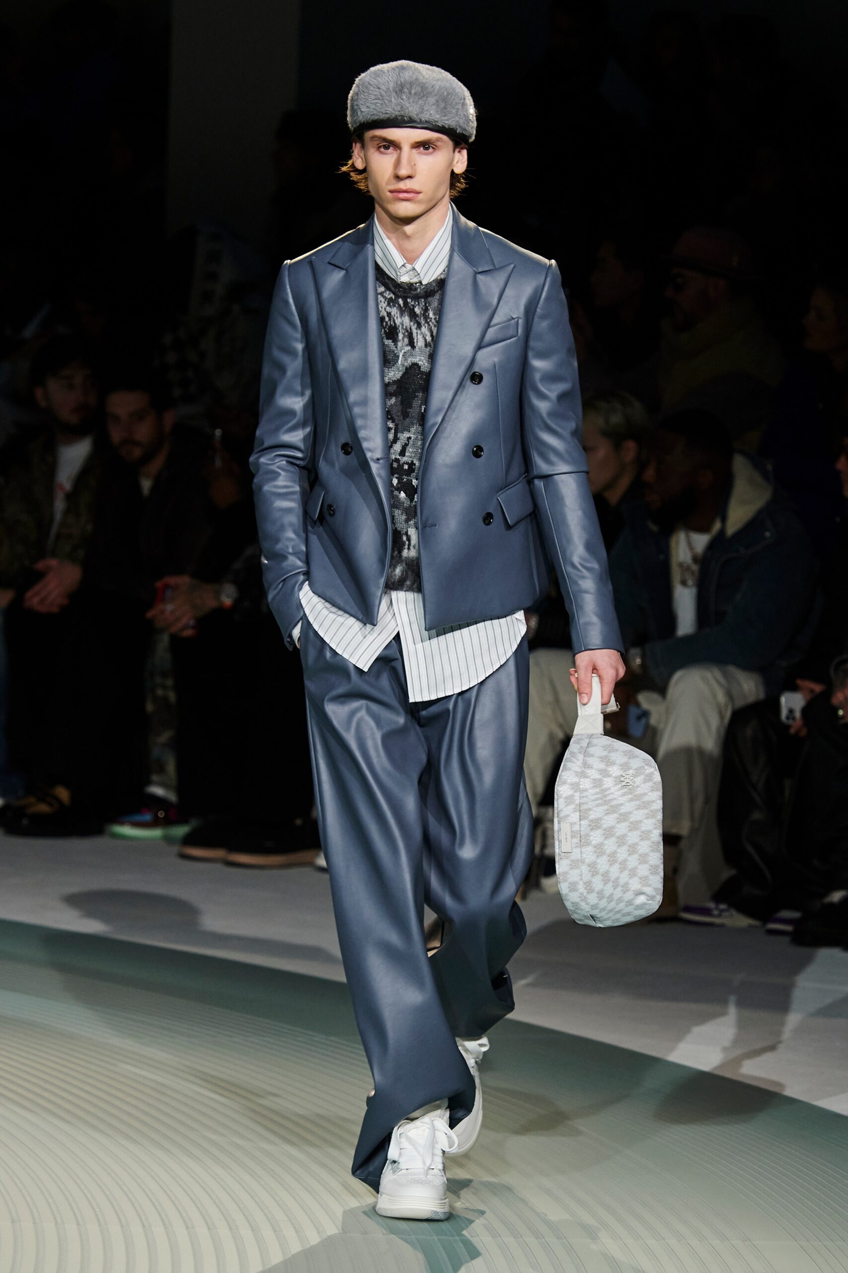 blue leather tailored blazer