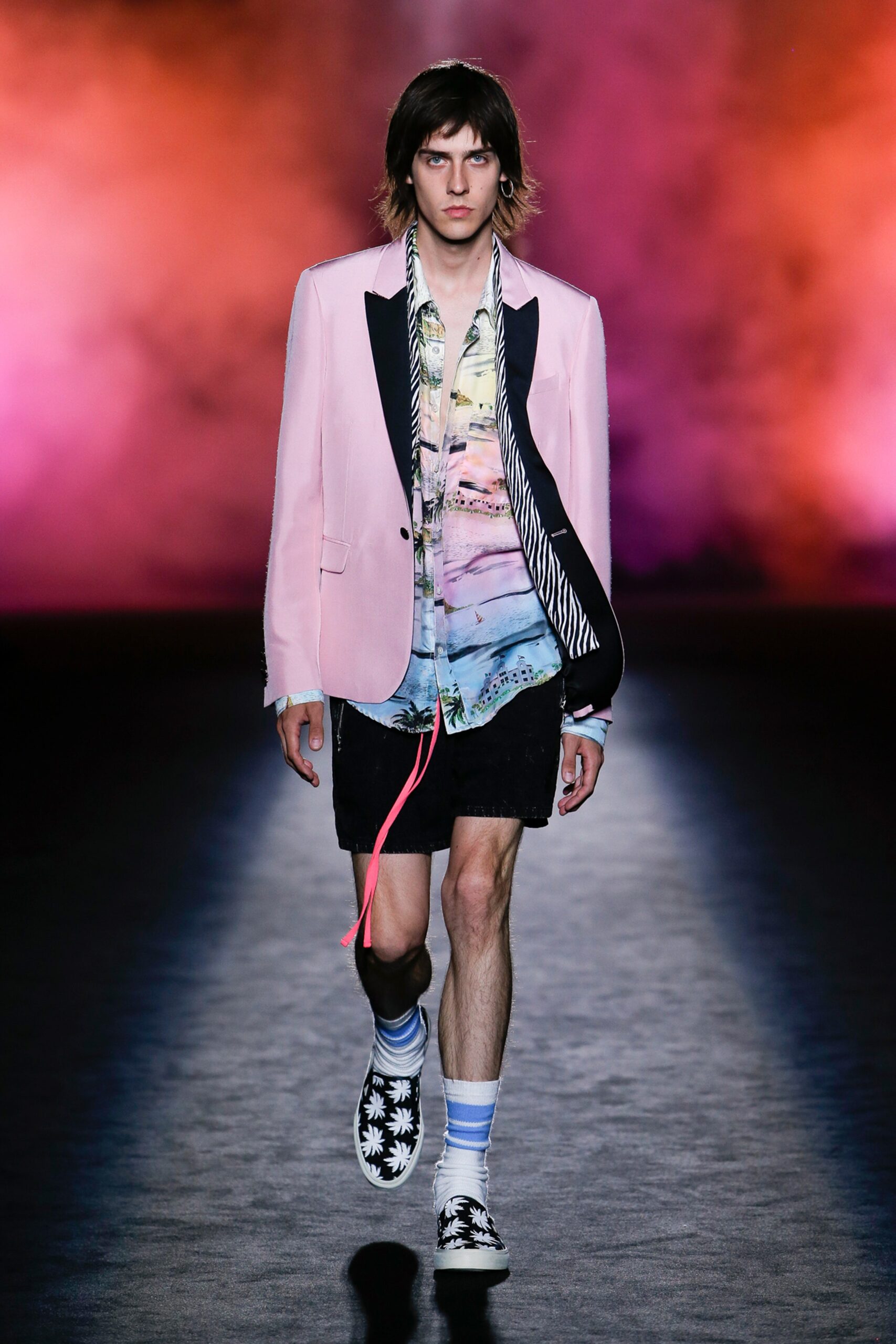 pink tailored blazer with multi shirt
