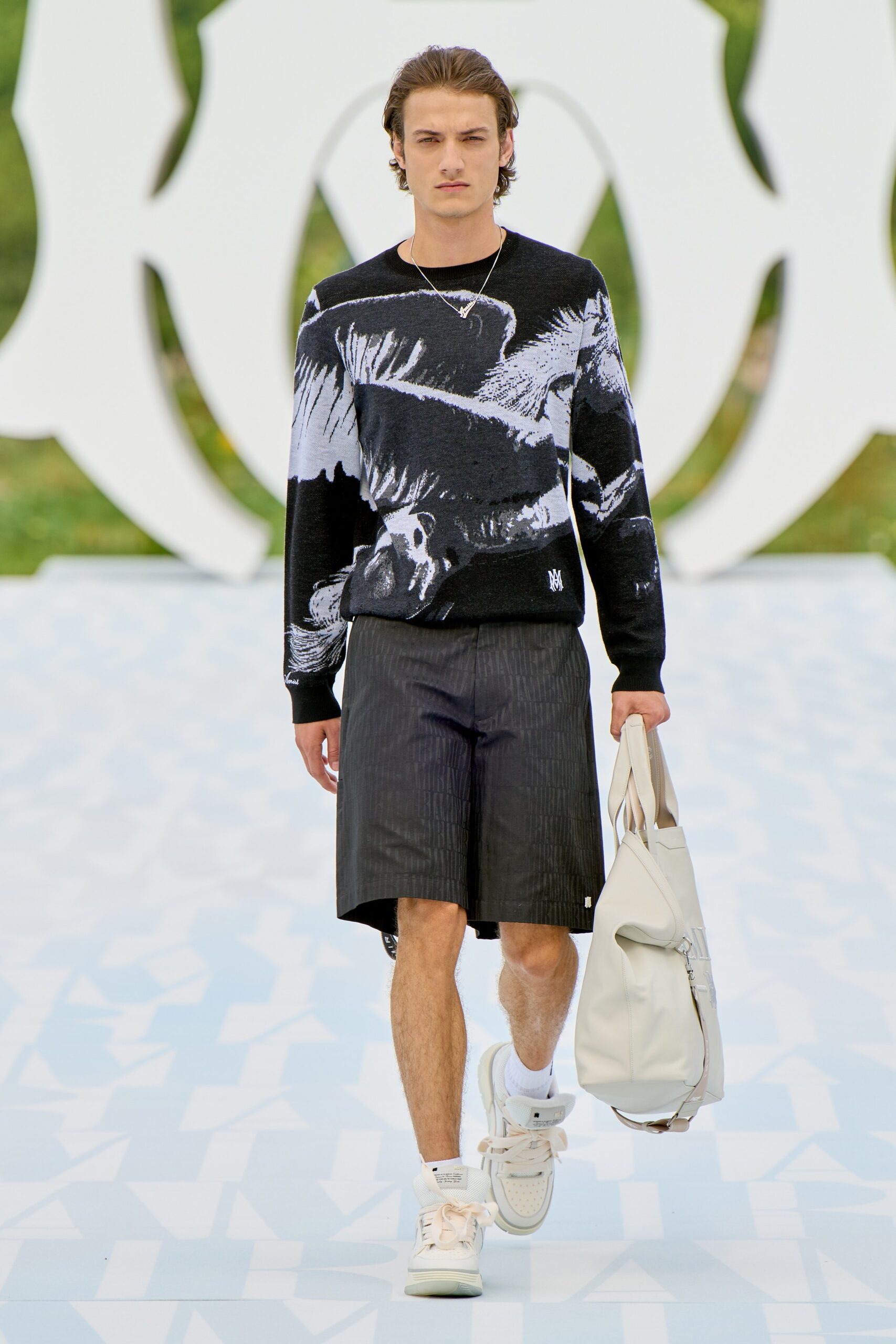 black and white printed sweater with shorts