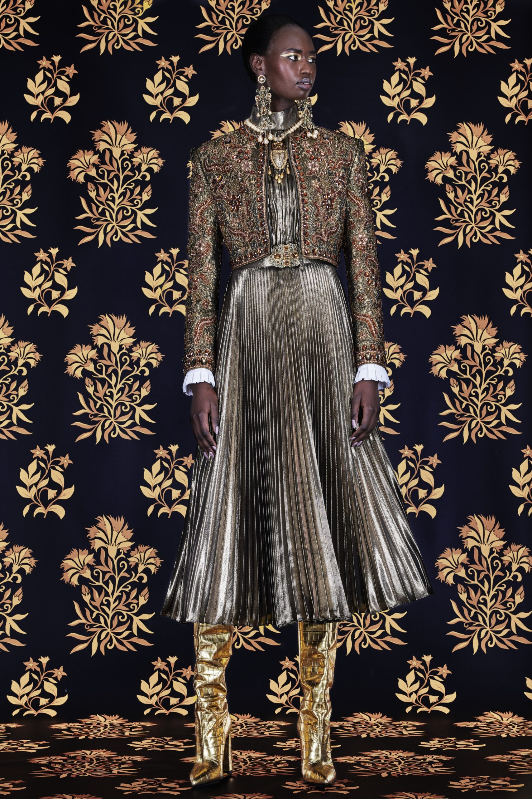 gold pleated midi dress with jacket