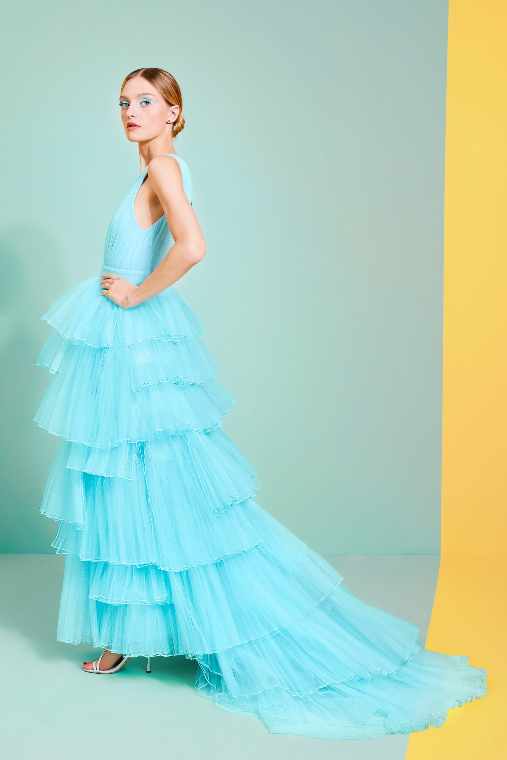 blue tiered tulle gown