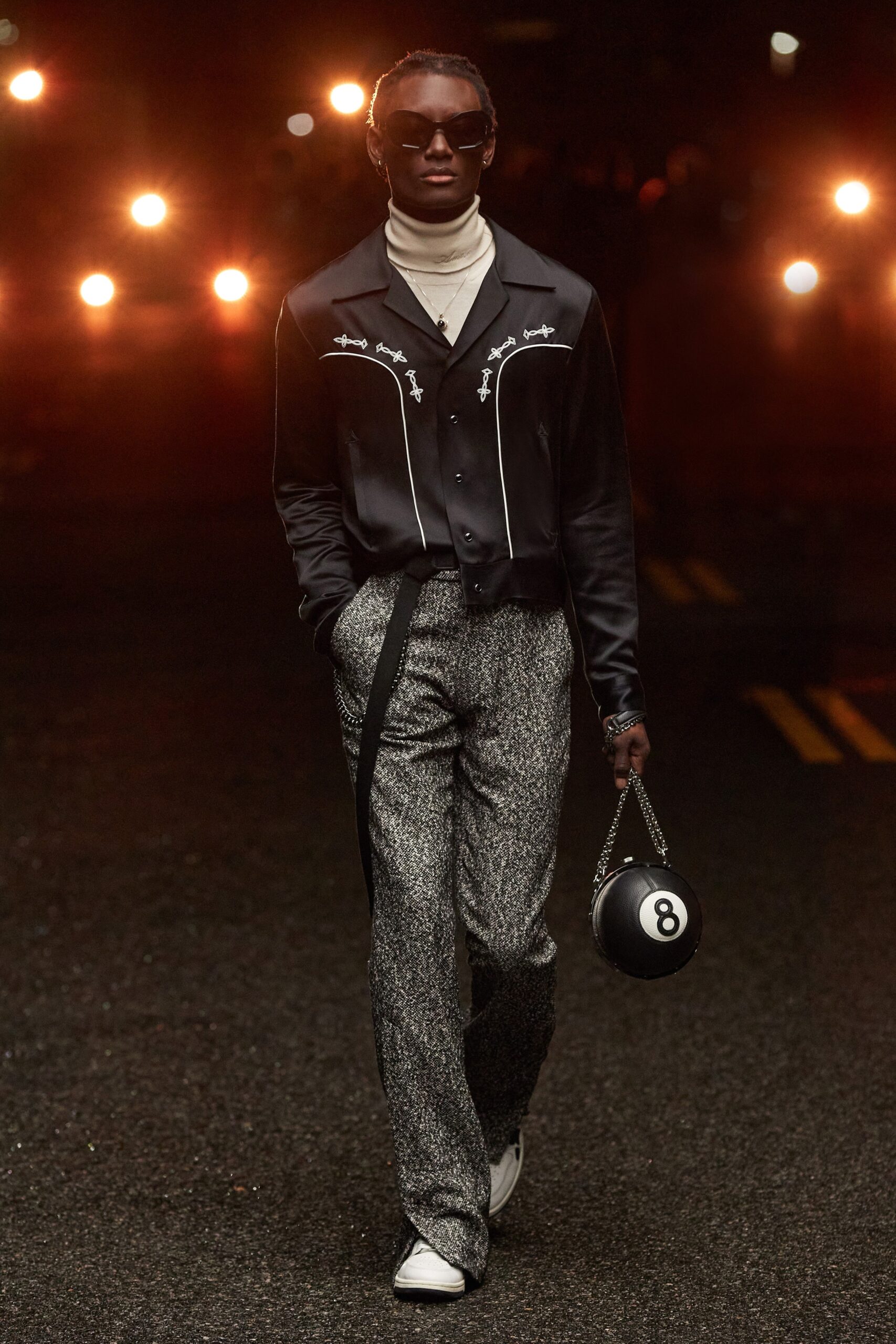 black silk shirt gray tailored pants