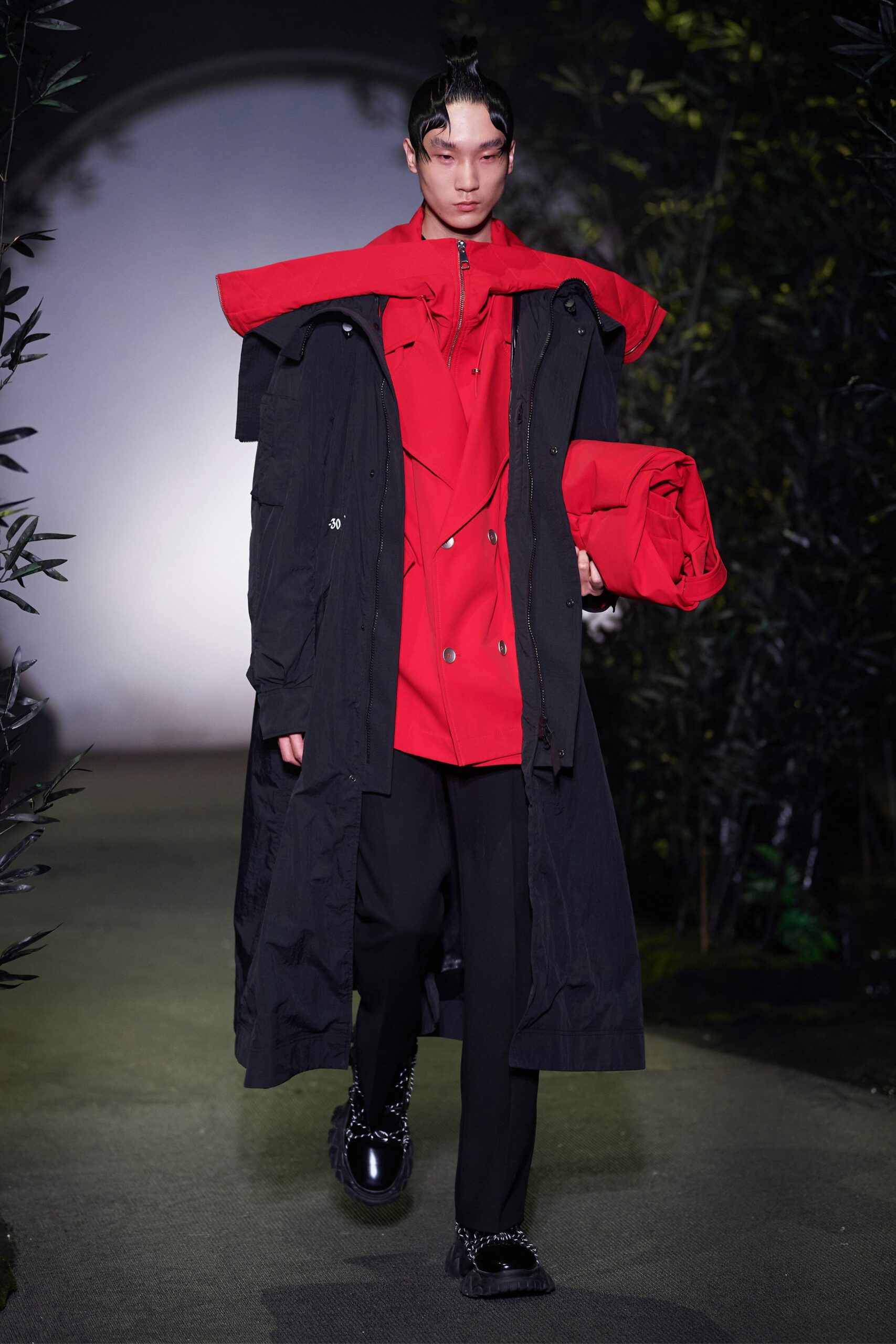 black coat red jacket slim pants