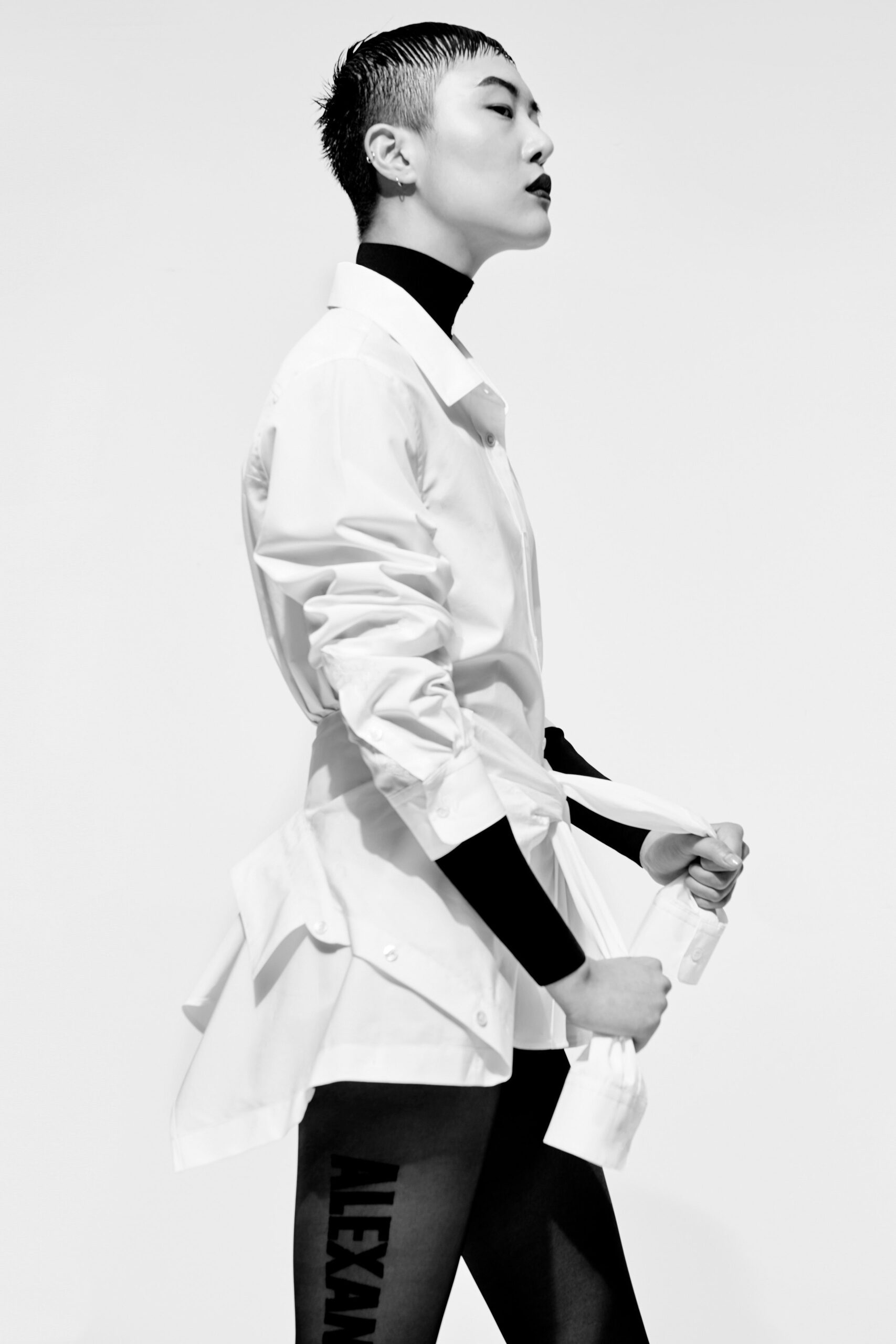 white cotton long-sleeve collared fitted layered short shirt