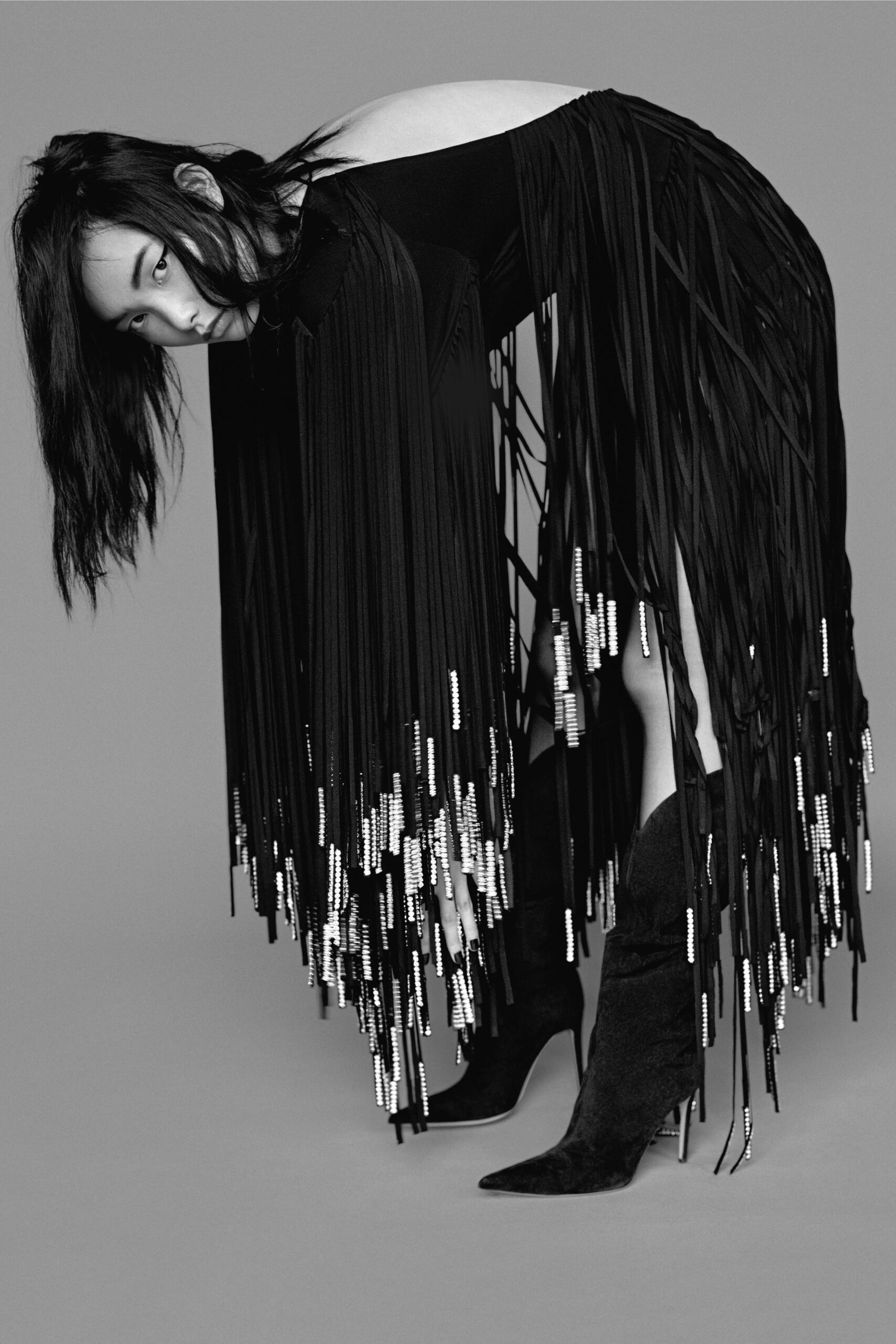 black fringed midi dress with boots