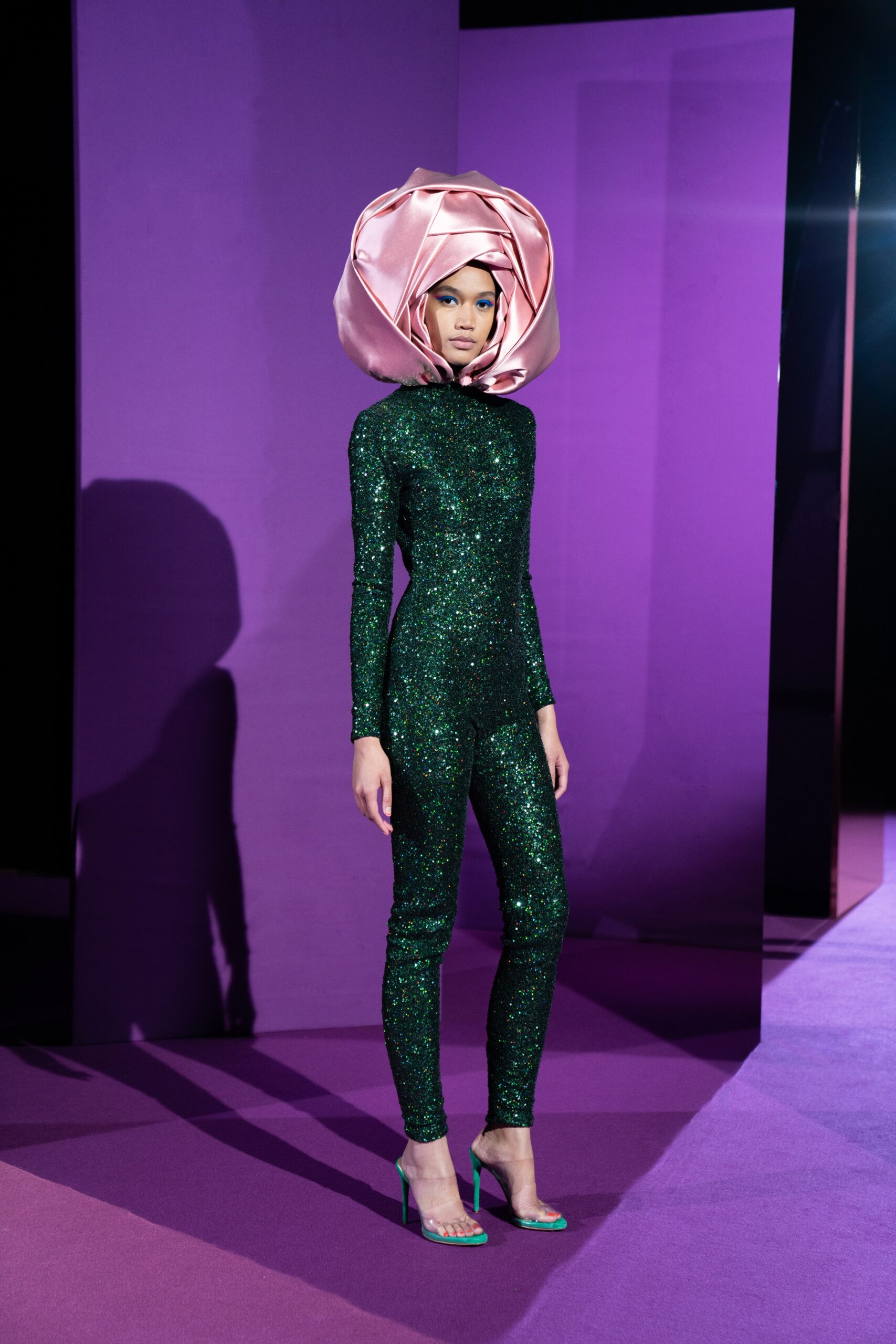 green long-sleeve high-neck fitted sequined pencil shiny catsuit