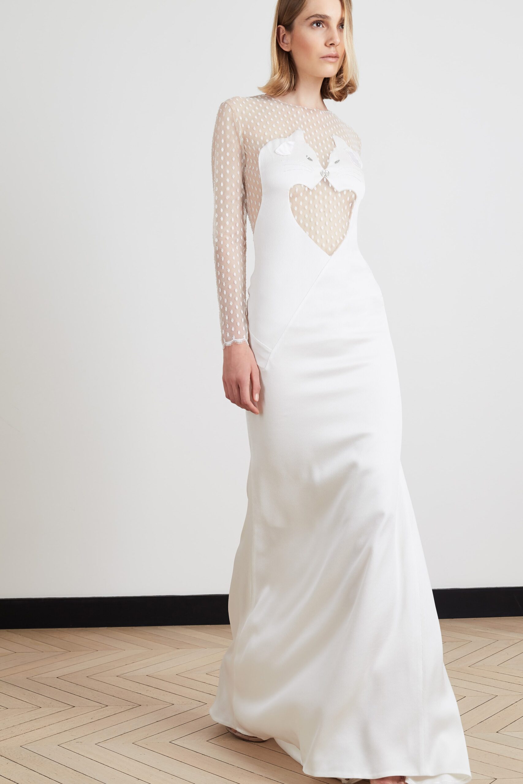 white fitted long-sleeve gown