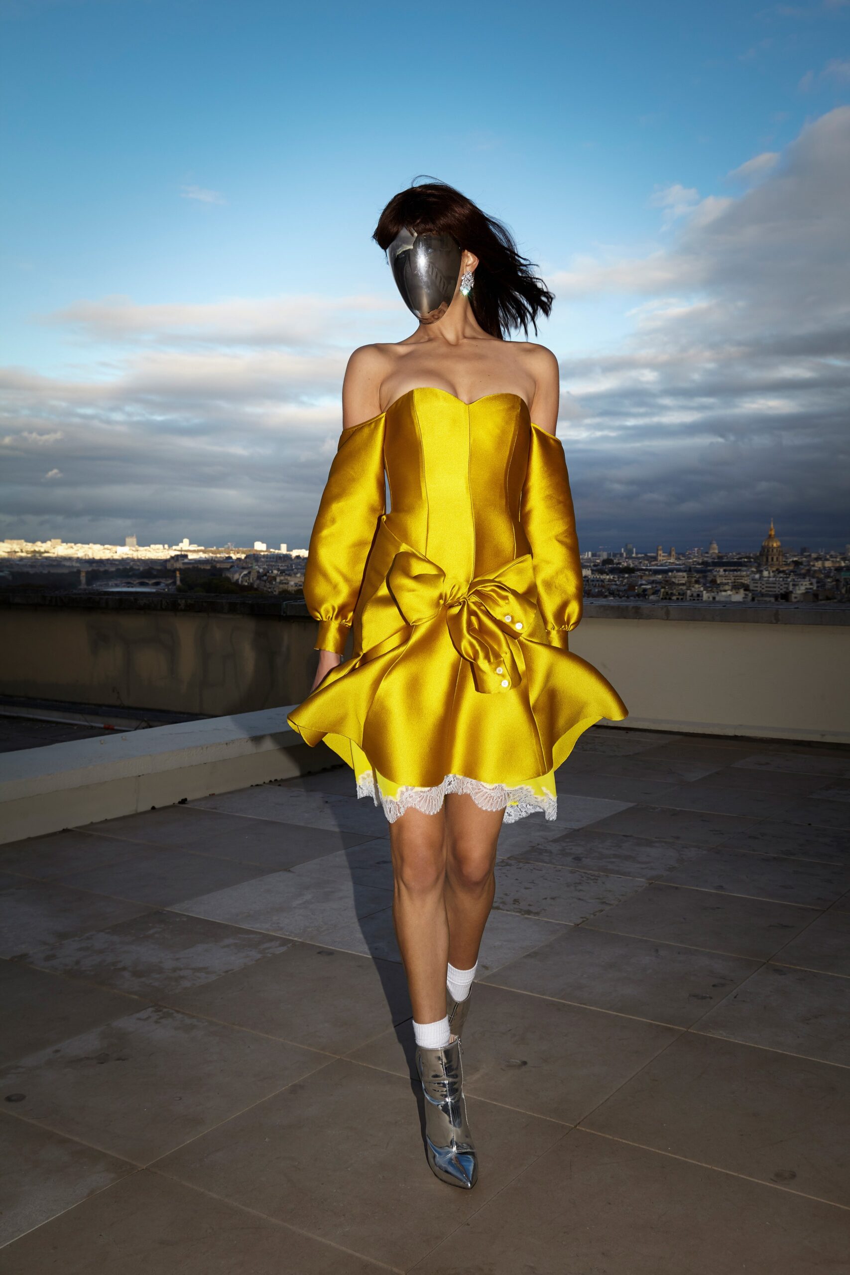 yellow satin off-shoulder mini dress
