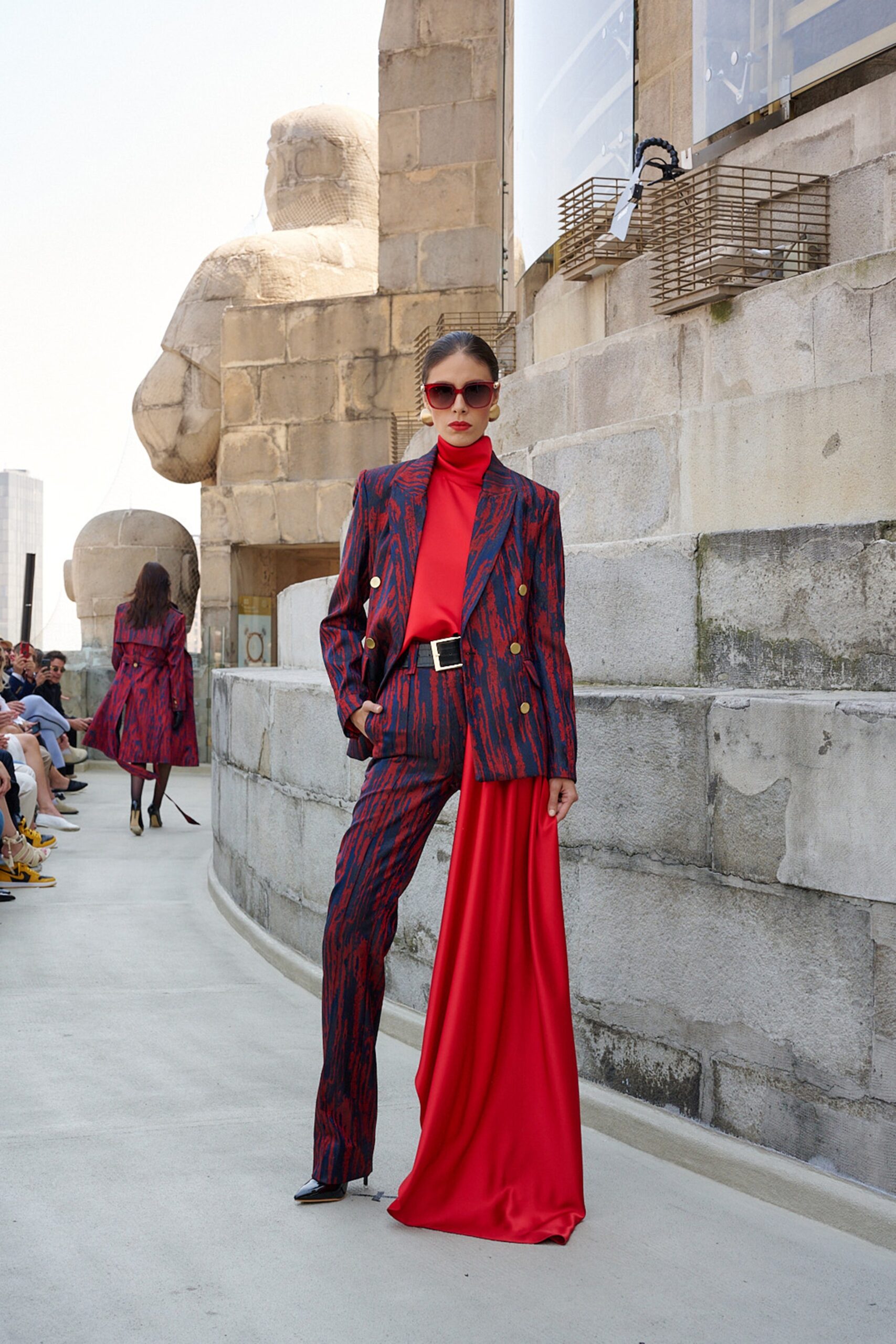 red silk long-sleeve collared tailored buttoned flared suit