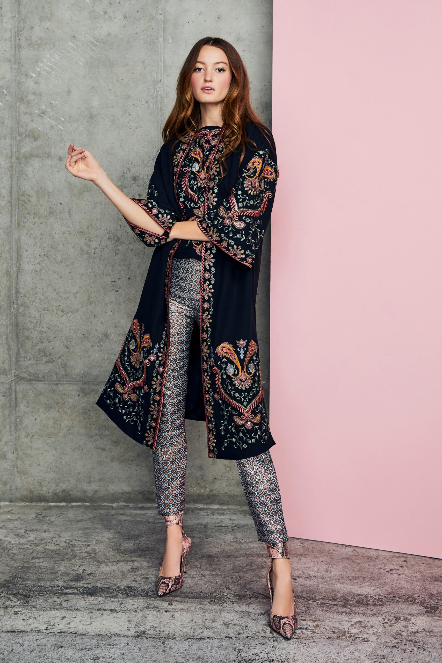 black embroidered coat with printed pants