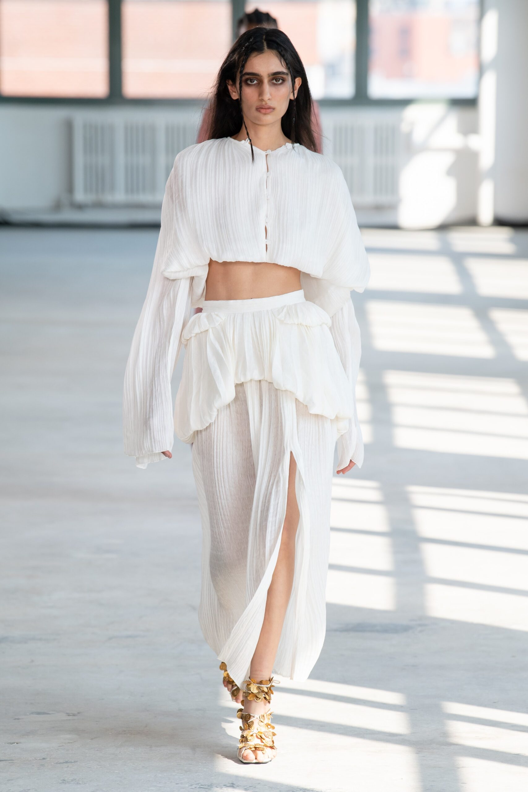 white pleated top and midi skirt
