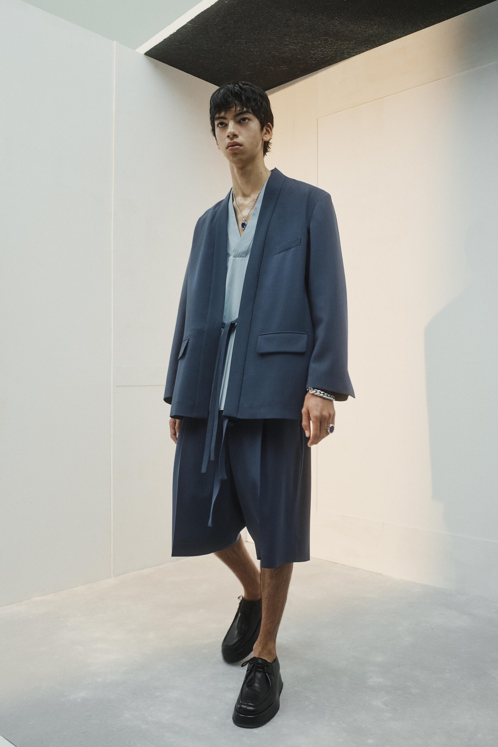 blue relaxed blazer and shorts