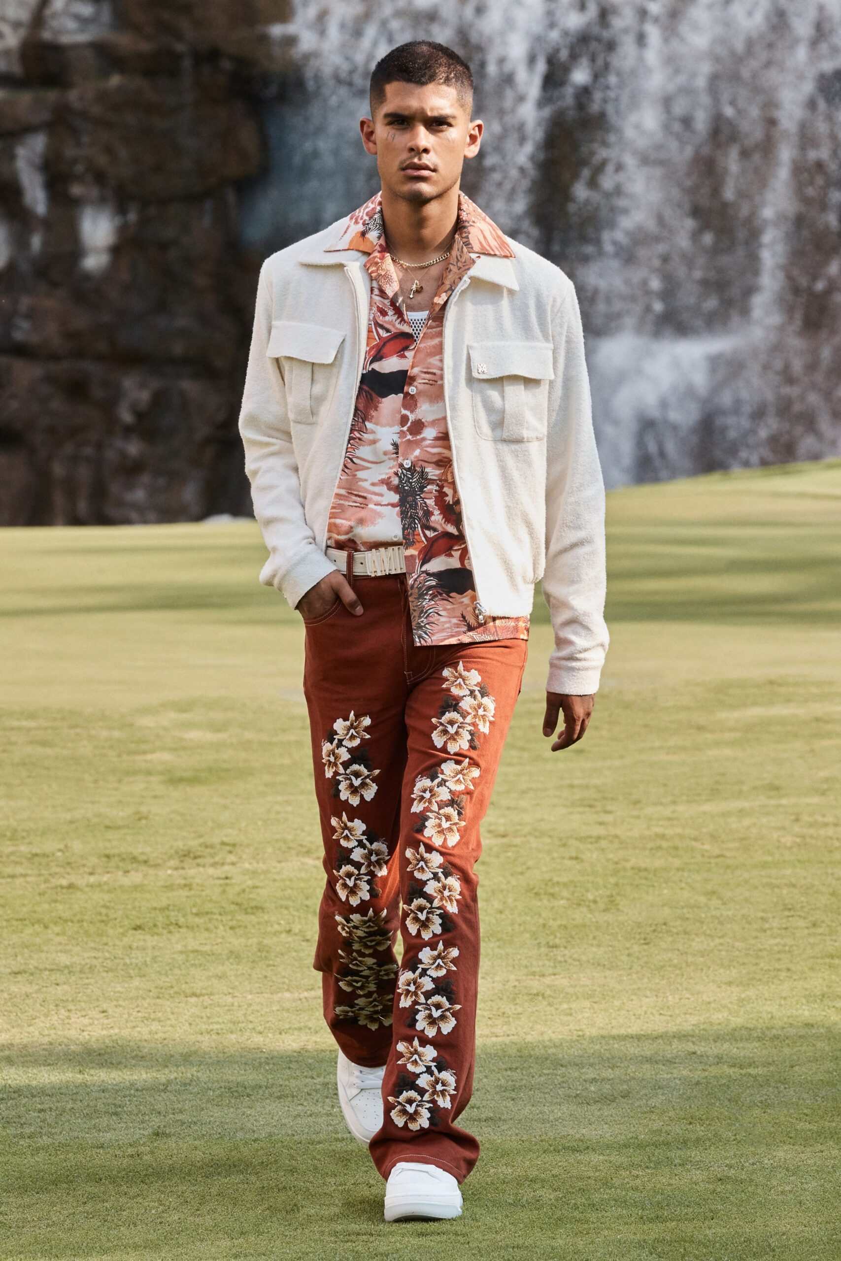 white relaxed jacket with multi shirt