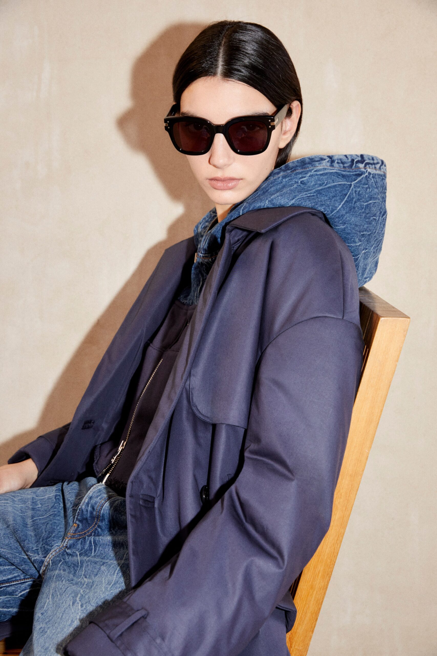blue cotton long-sleeve hooded relaxed hoodie