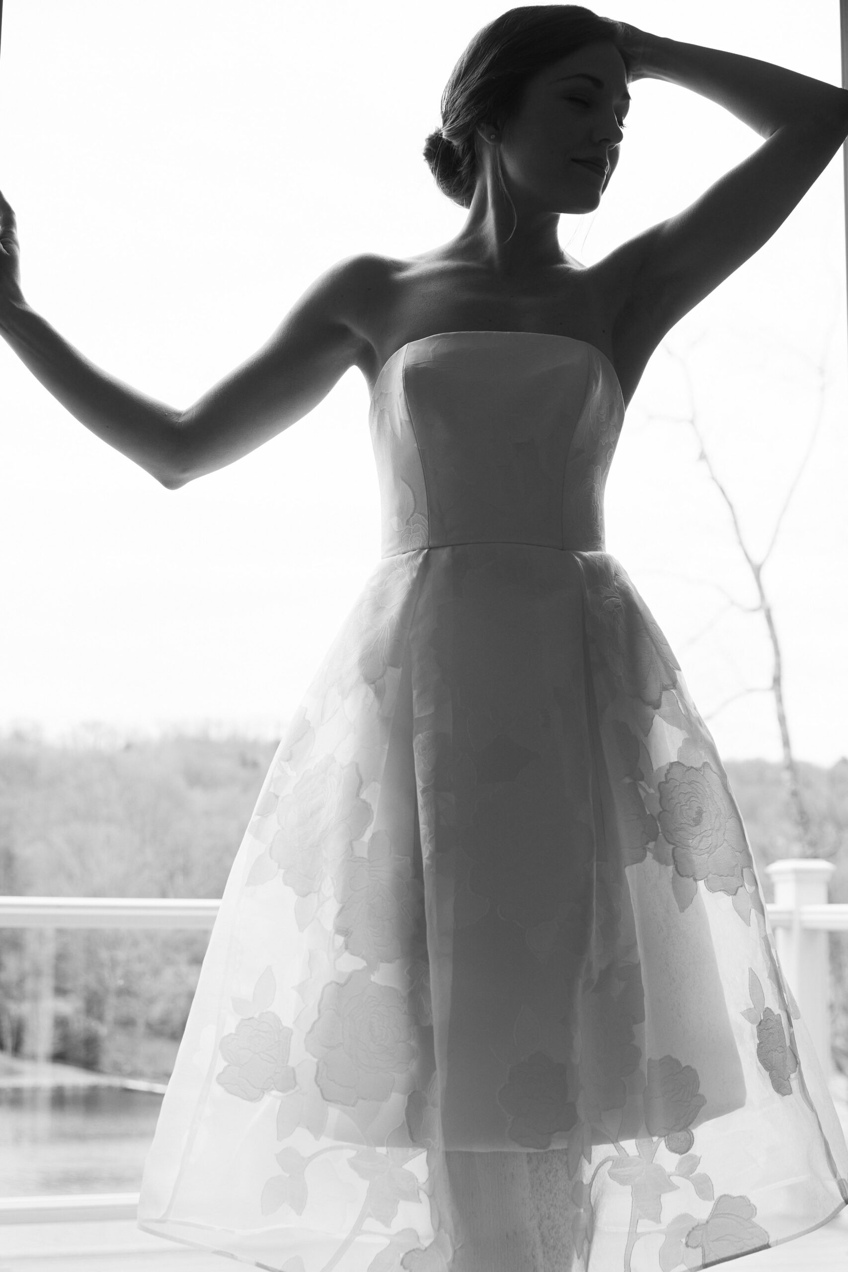 white silk strapless flared dress