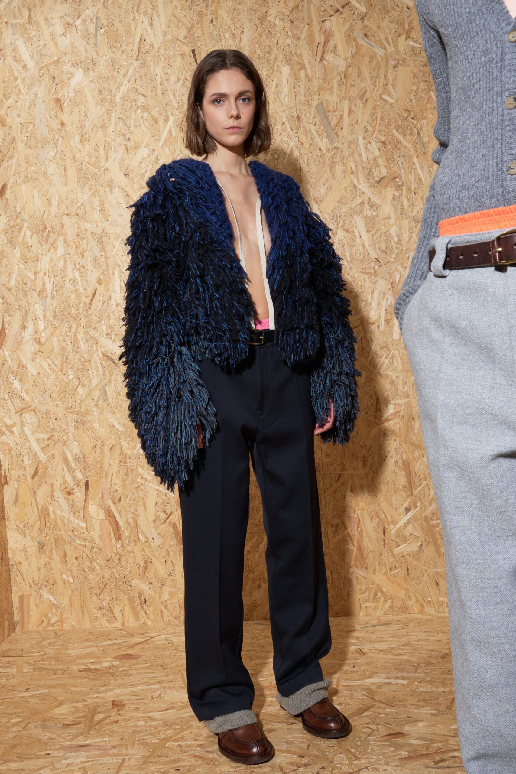 blue wool long-sleeve collared oversized fringed jacket