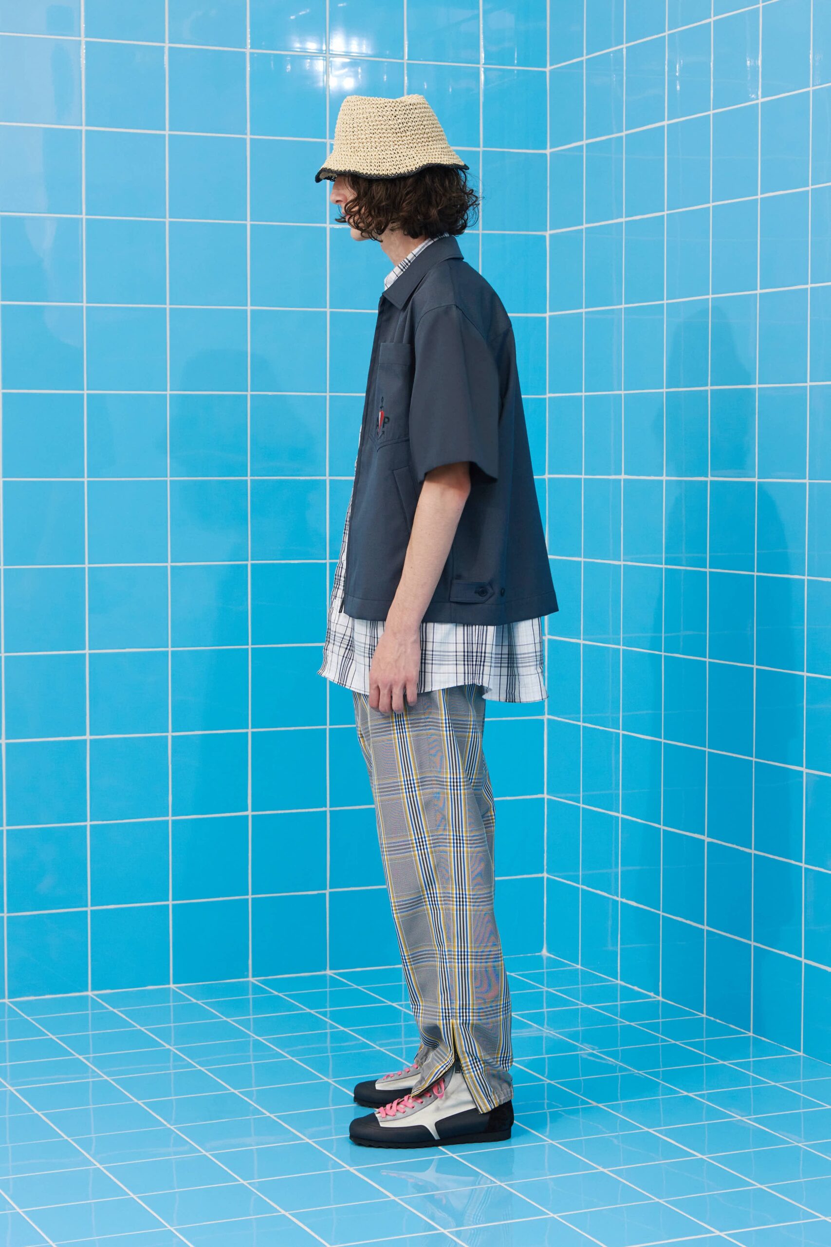 blue relaxed shirt with multi pants
