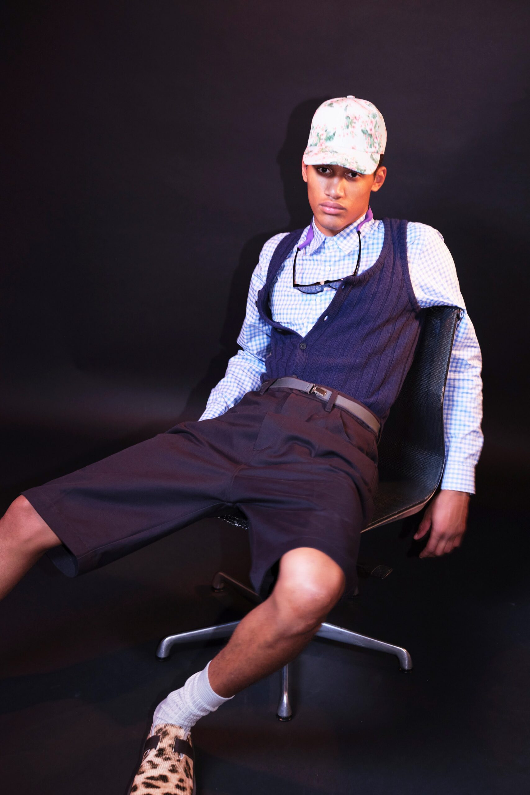 blue checked shirt black vest shorts