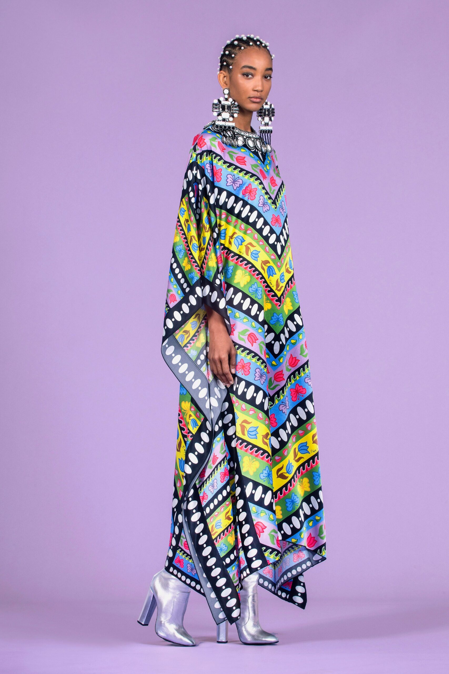 colorful printed maxi dress with silver boots