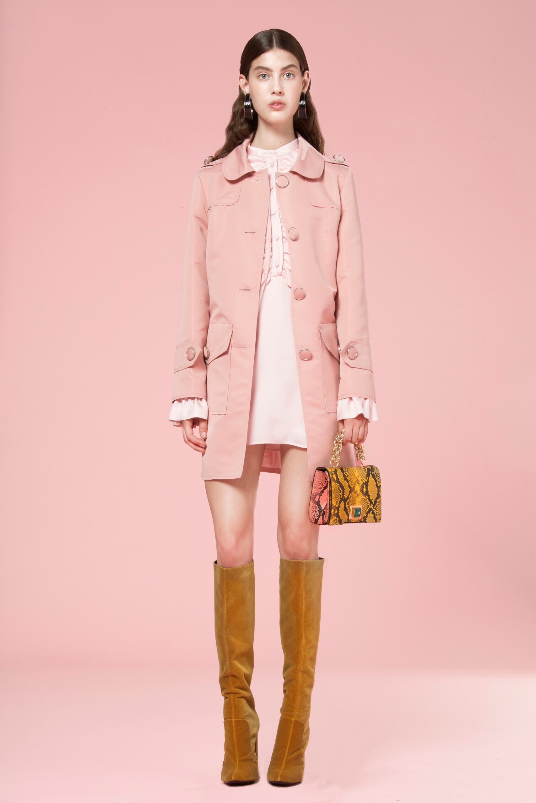 pink cotton long-sleeve collared fitted buttoned coat