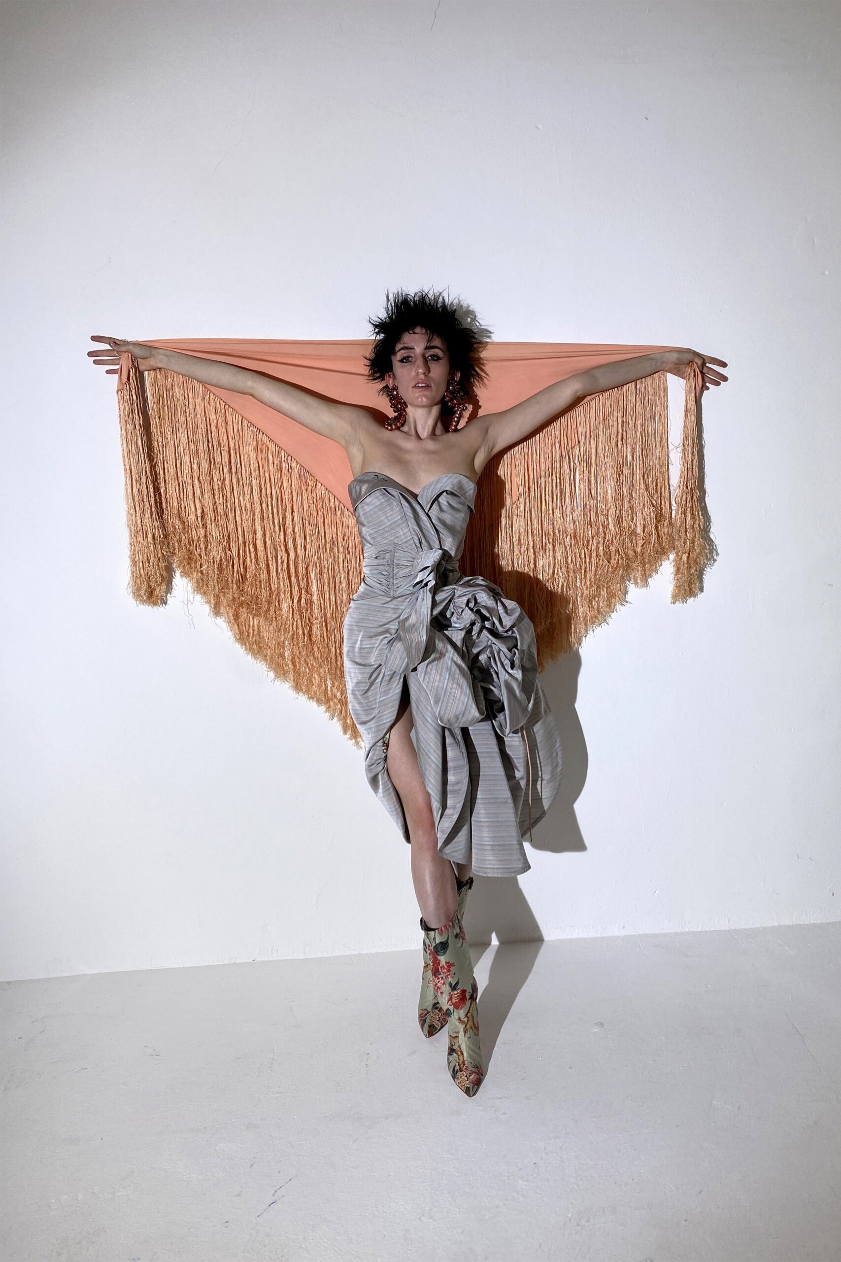 gray silk strapless dress with cape