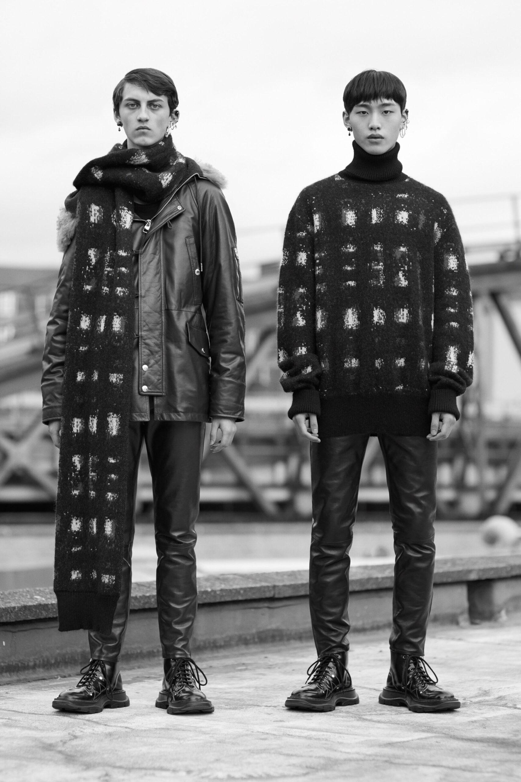 black leather jacket and sweater