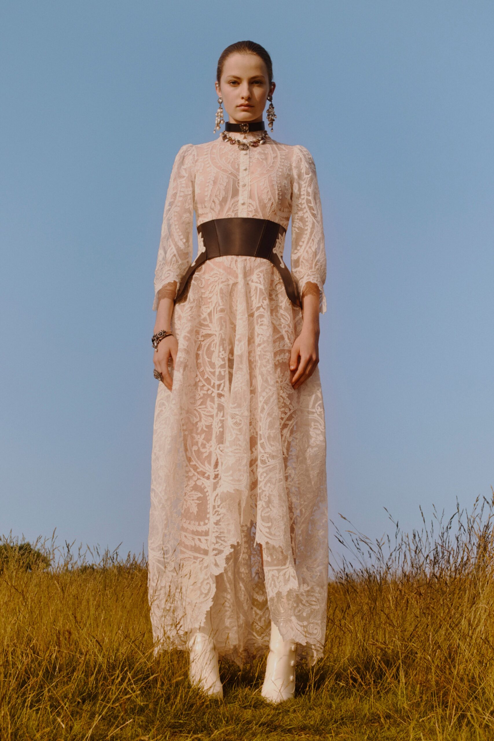 white lace maxi dress with black belt