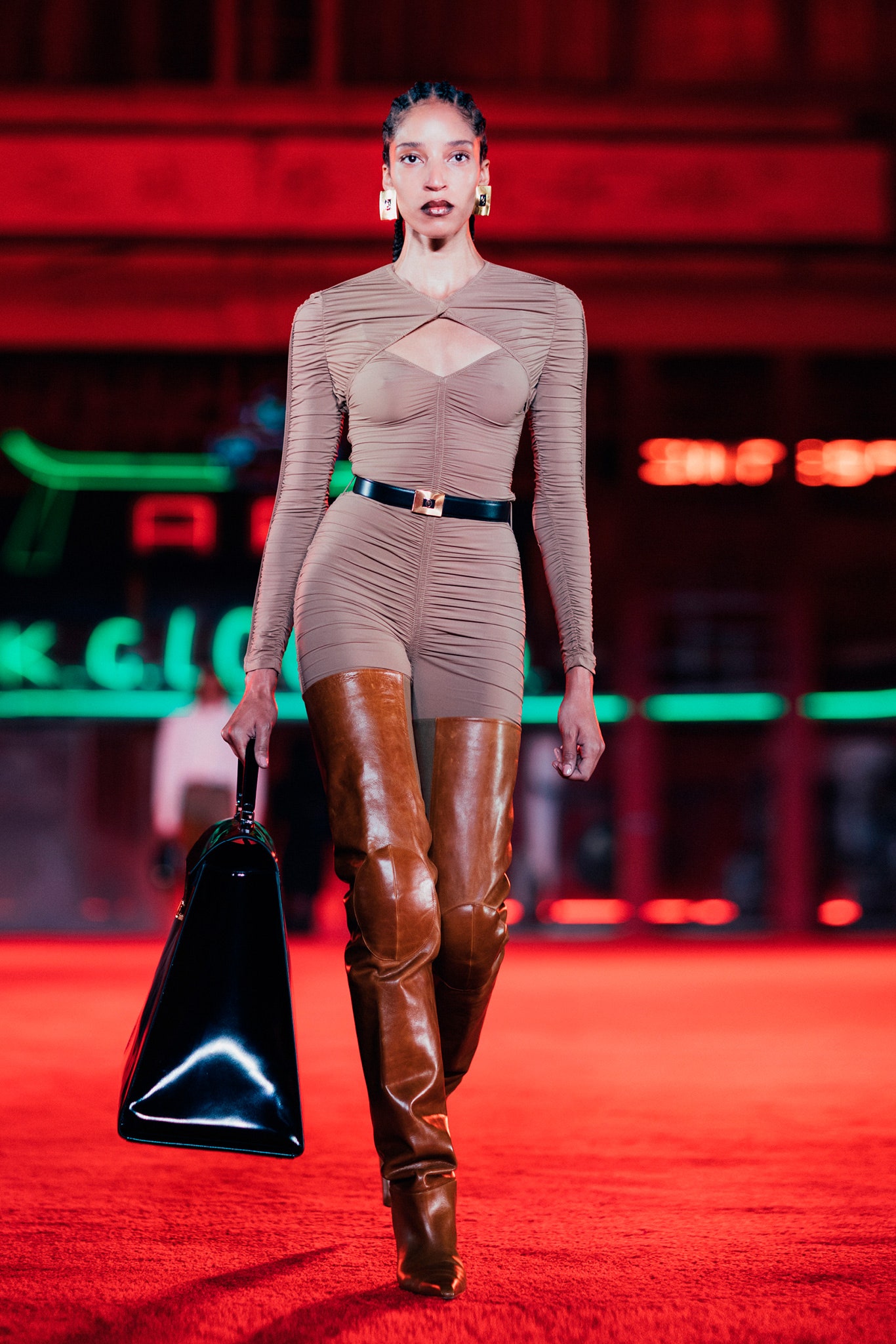 beige jersey long-sleeve v-neck fitted ruched catsuit